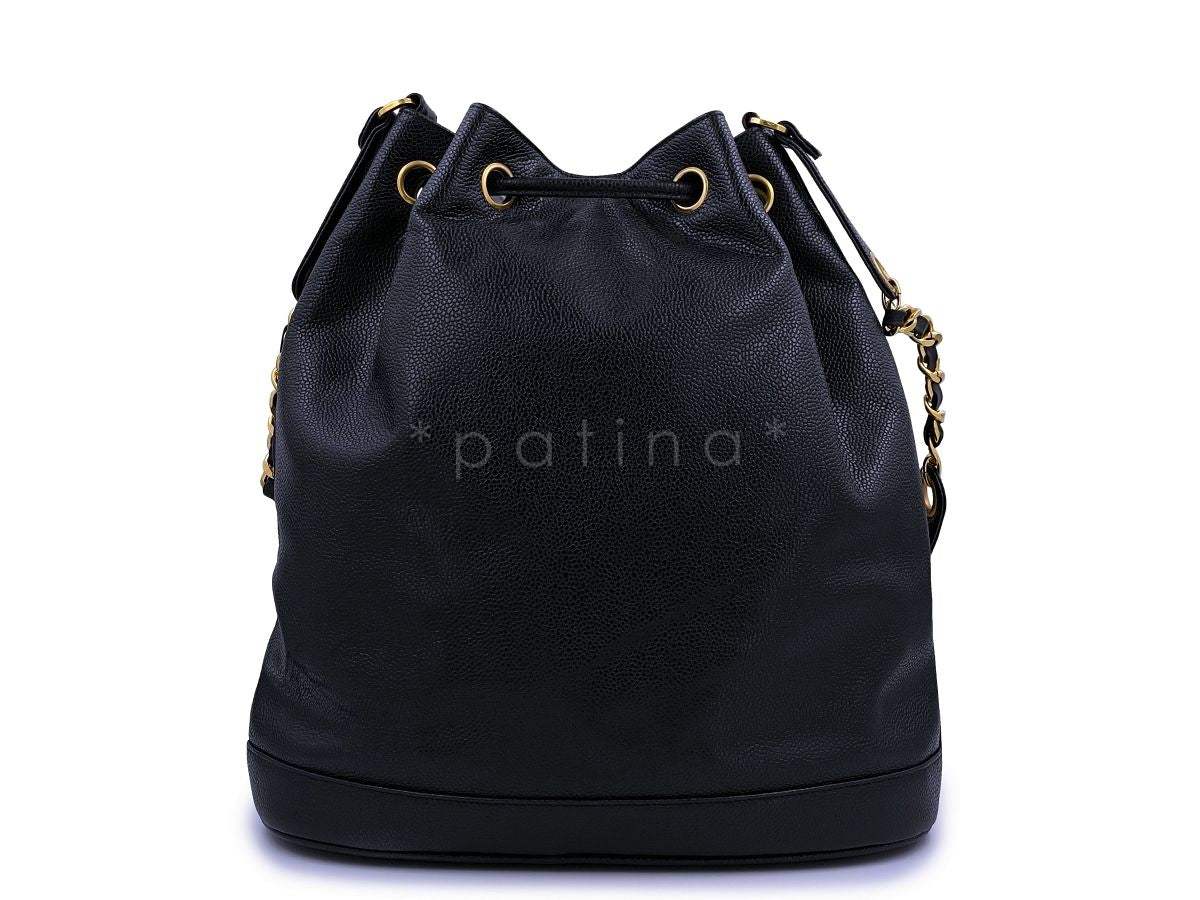 Rare Chanel 1994 Vintage Black Caviar Large Bucket Bag Front CC Pocket