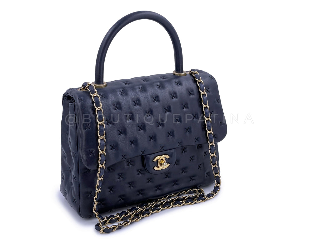 Chanel Paris-Rome Cross Stitch Handle Flap Bag Navy Blue GHW