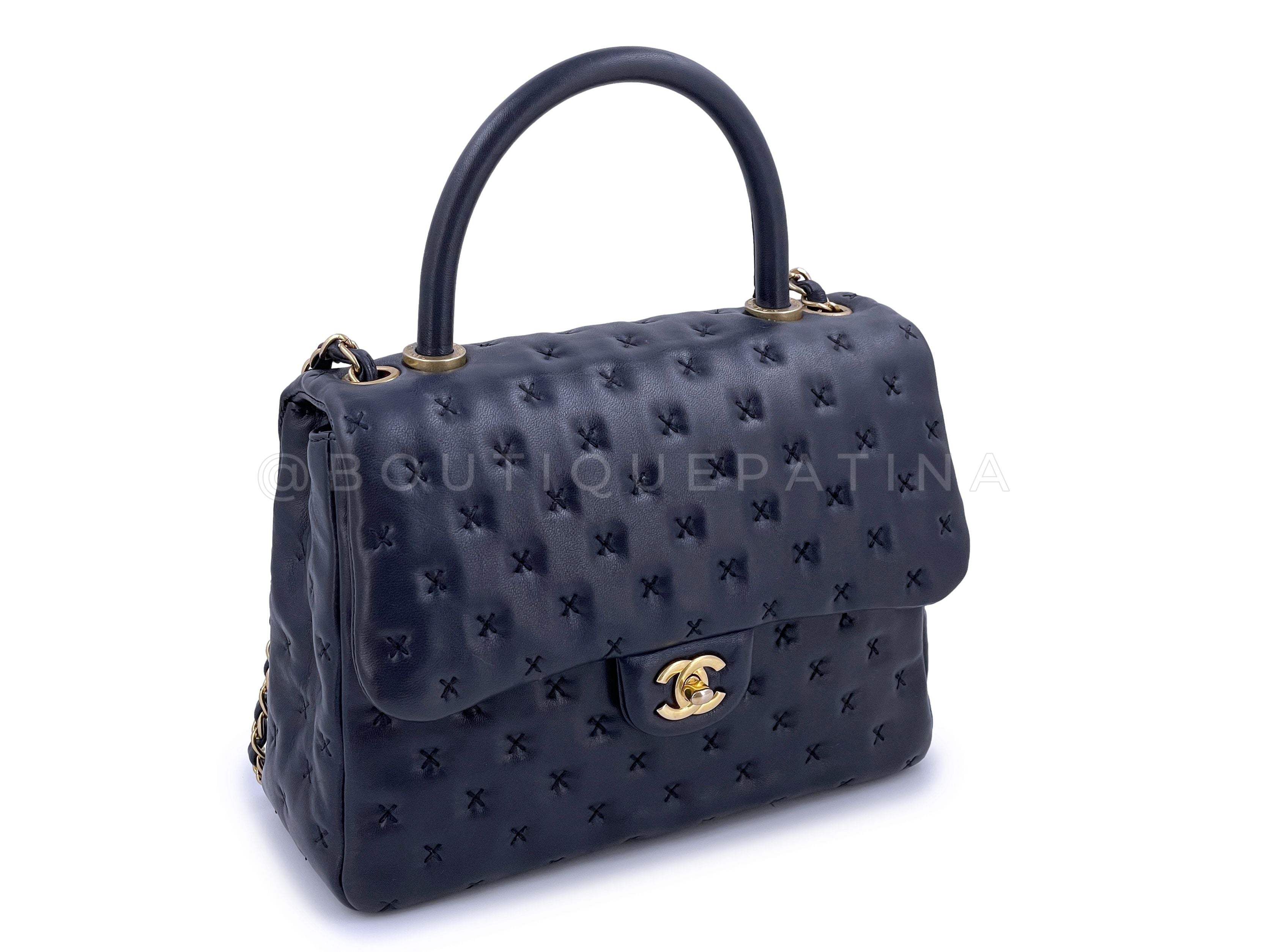 Chanel Paris-Rome Cross Stitch Handle Flap Bag Navy Blue GHW