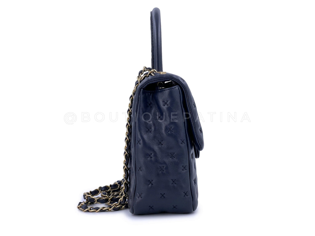 Chanel Paris-Rome Cross Stitch Handle Flap Bag Navy Blue GHW