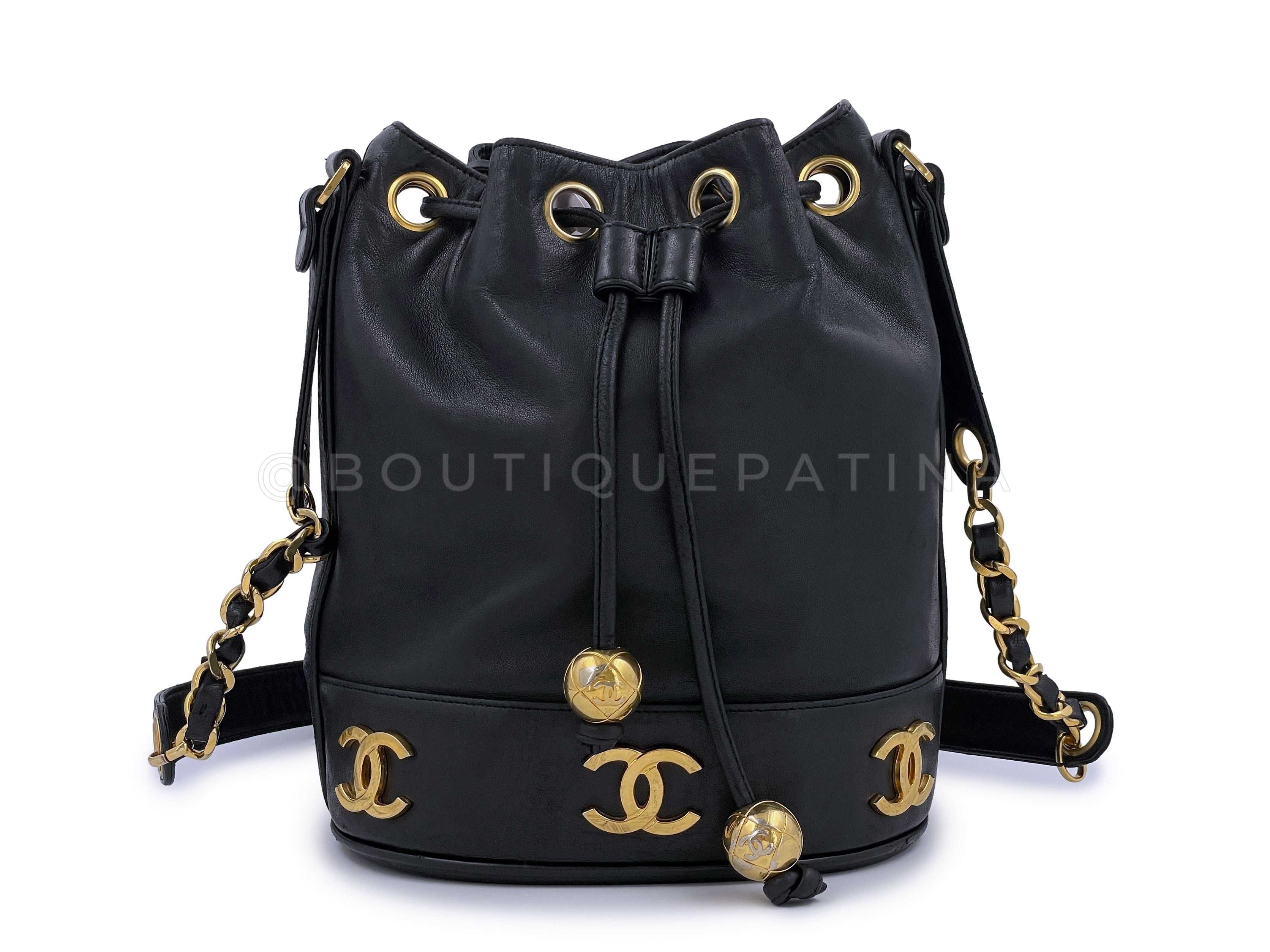 Chanel 1992 Vintage Small Drawstring Bucket Bag Black Lambskin 24k GHW