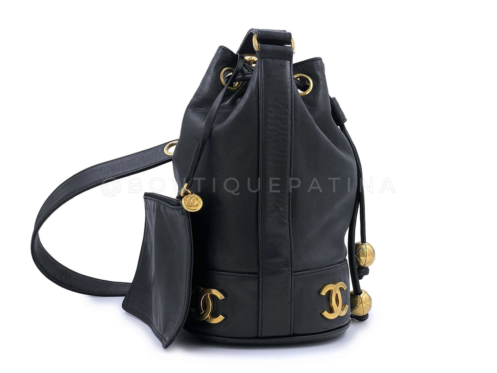 Chanel 1992 Vintage Small Drawstring Bucket Bag Black Lambskin 24k GHW