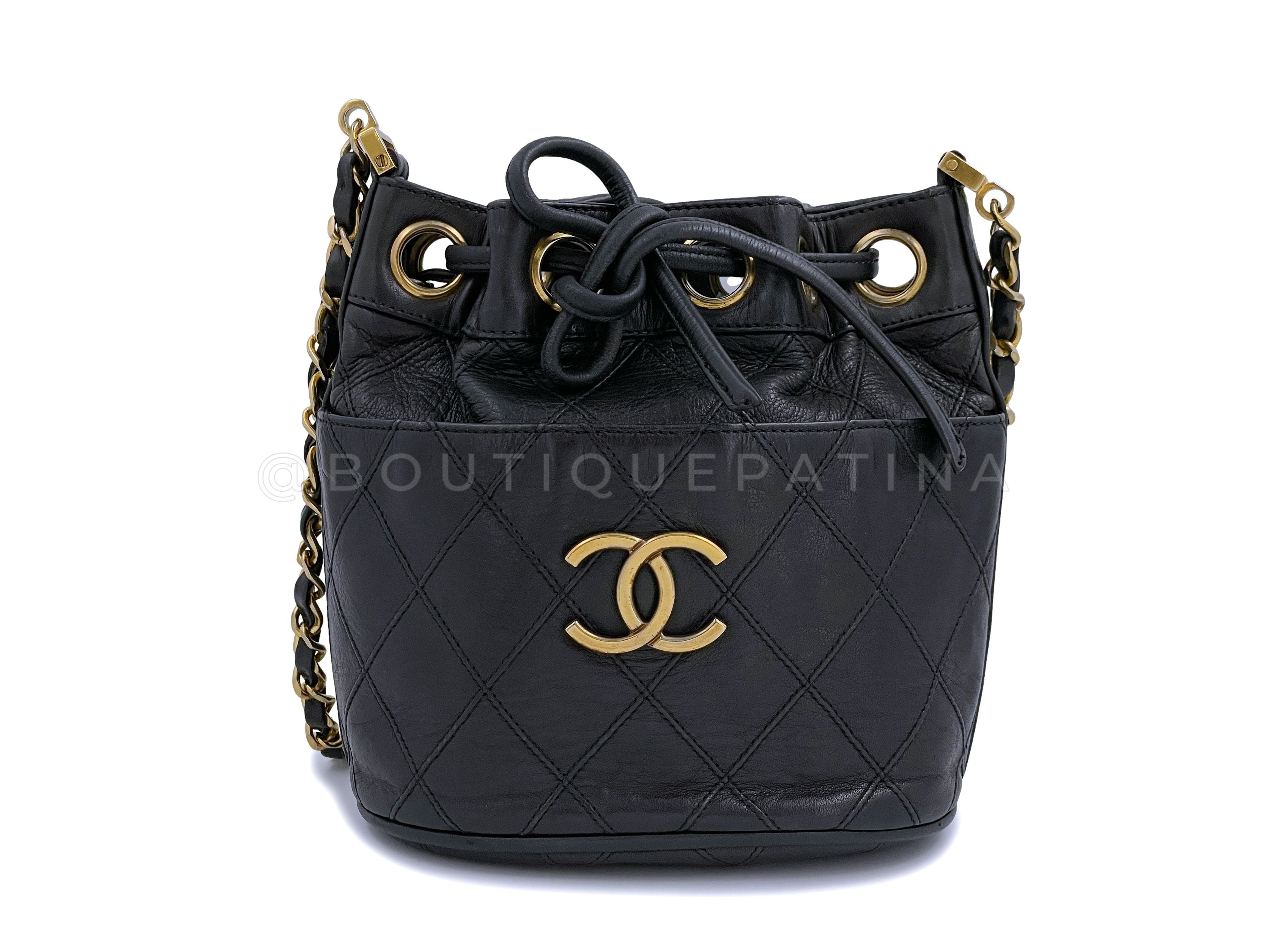 Rare Chanel Vintage 1987 Miniature Drawstring Mini Bucket Bag 24k GHW Black WX9