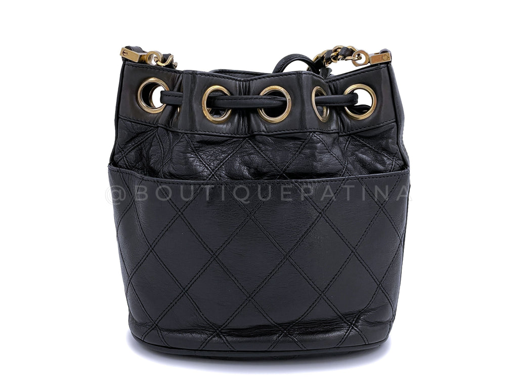 Rare Chanel Vintage 1987 Miniature Drawstring Mini Bucket Bag 24k GHW Black WX9
