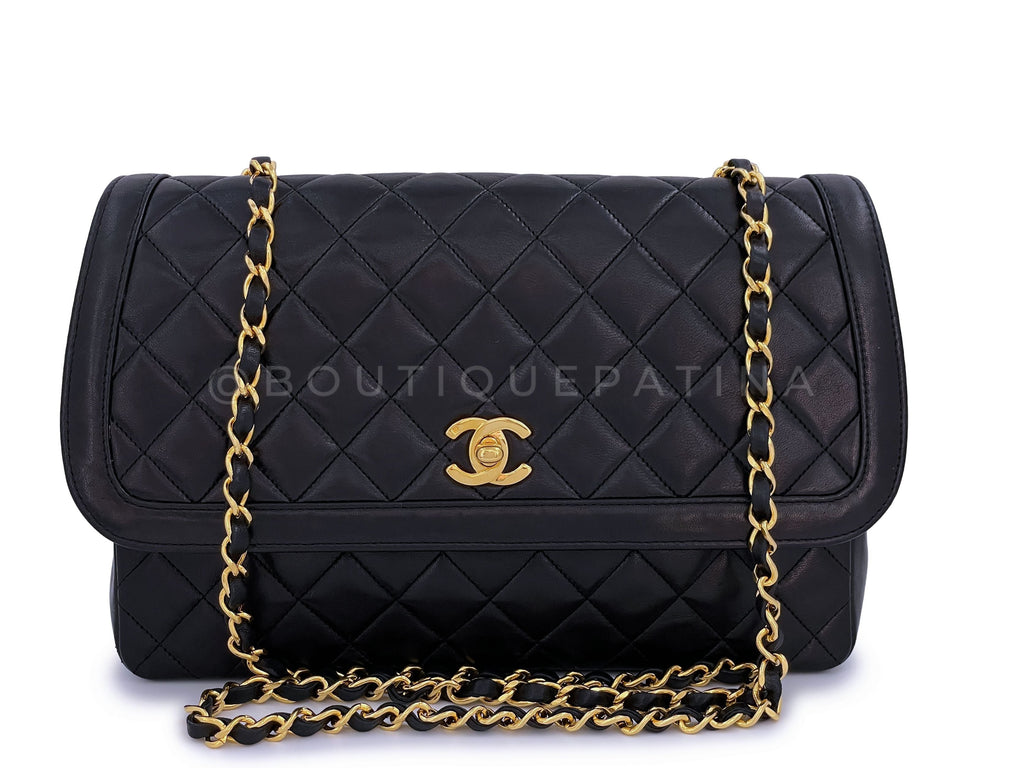Chanel 1990 Vintage Black Lambskin Framed Flap Bag with Wallet Set