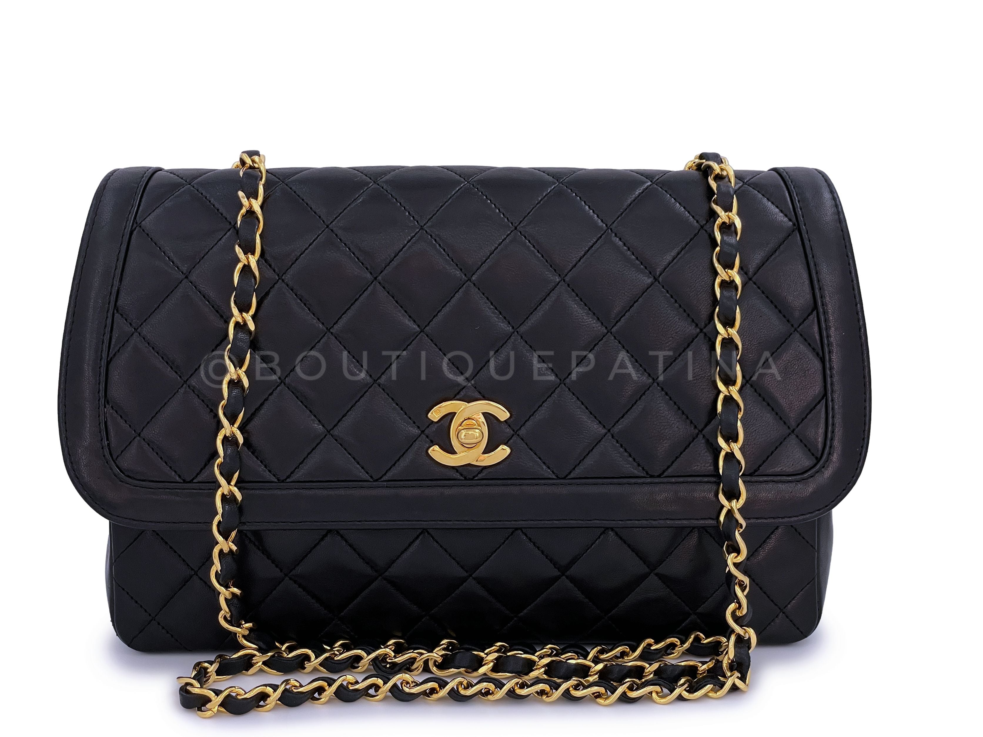 Chanel 1990 Vintage Black Lambskin Framed Flap Bag with Wallet Set