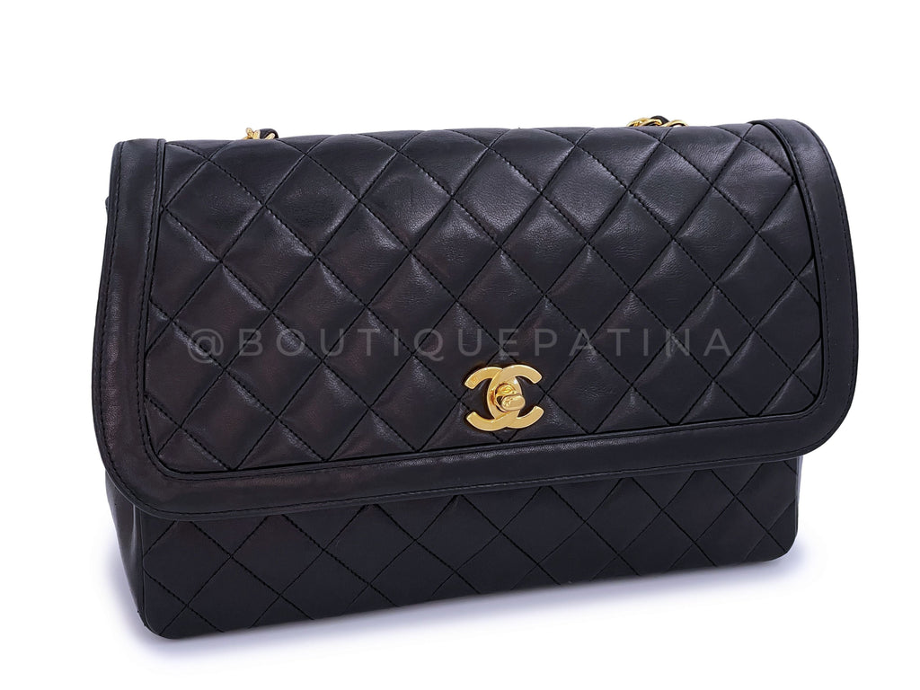 Chanel 1990 Vintage Black Lambskin Framed Flap Bag with Wallet Set