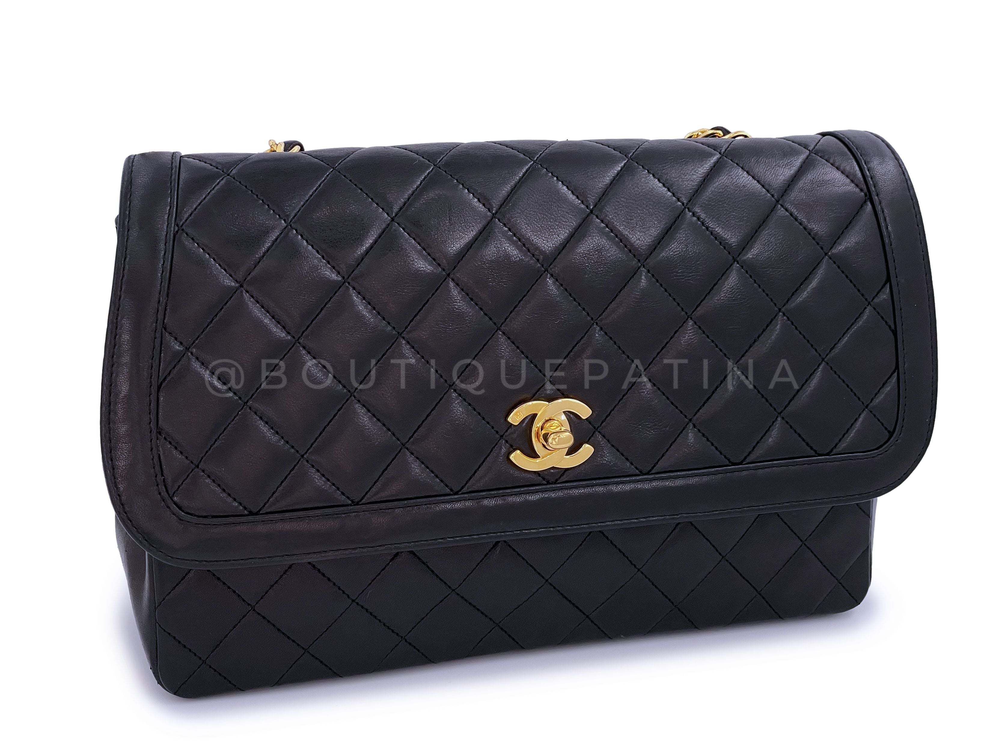 Chanel 1990 Vintage Black Lambskin Framed Flap Bag with Wallet Set