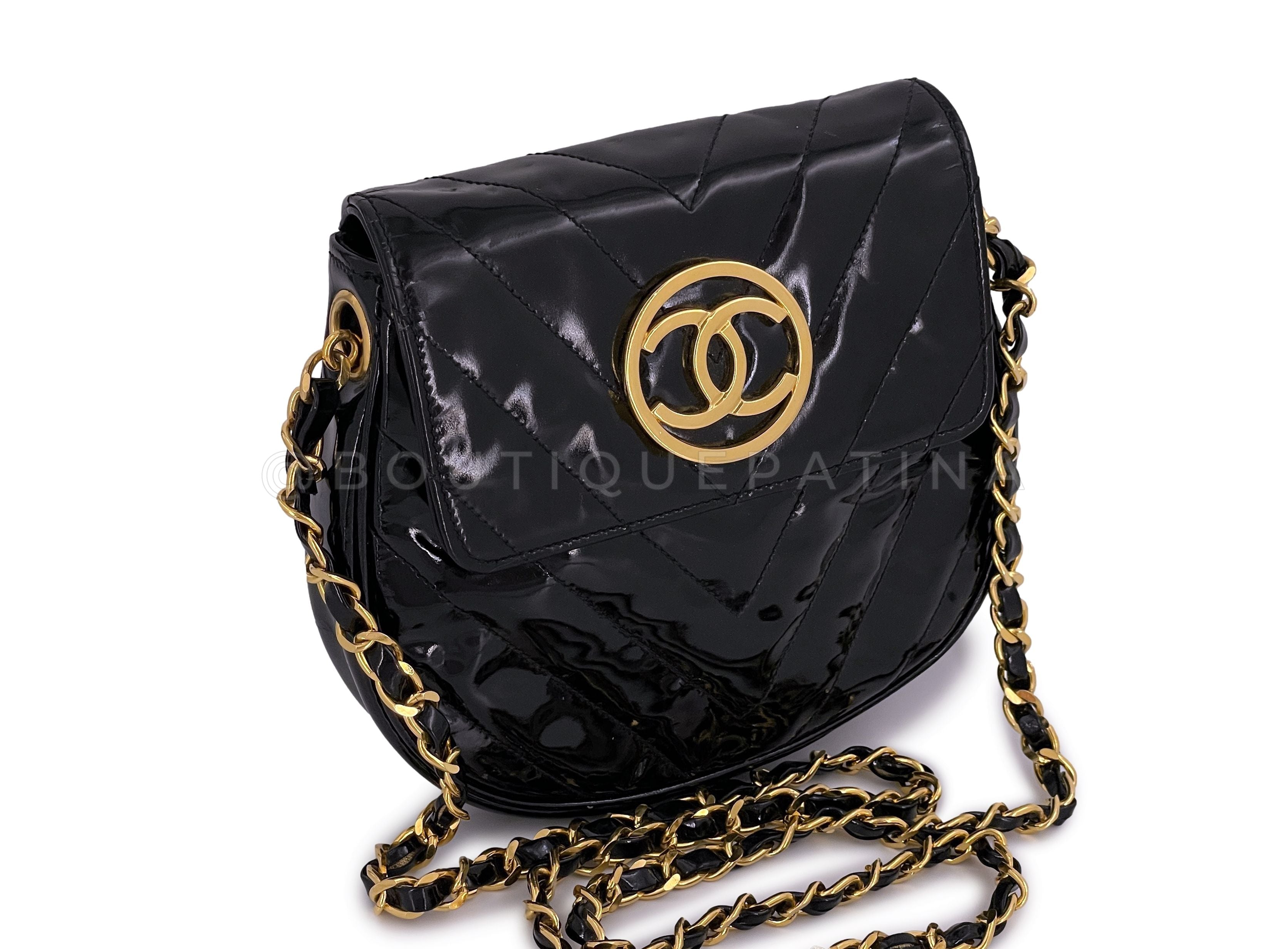 Chanel Vintage Black Chevron Mini Round Flap Pouch Crossbody Patent 24k GHW