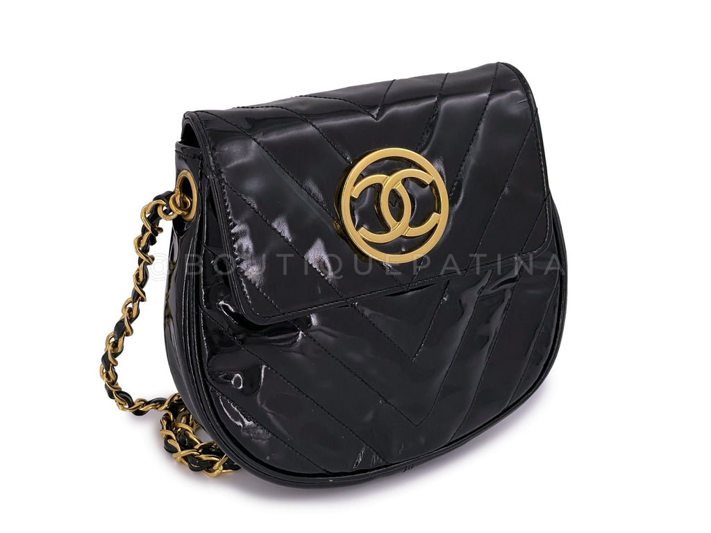 Chanel Vintage Black Chevron Mini Round Flap Pouch Crossbody Patent 24k GHW