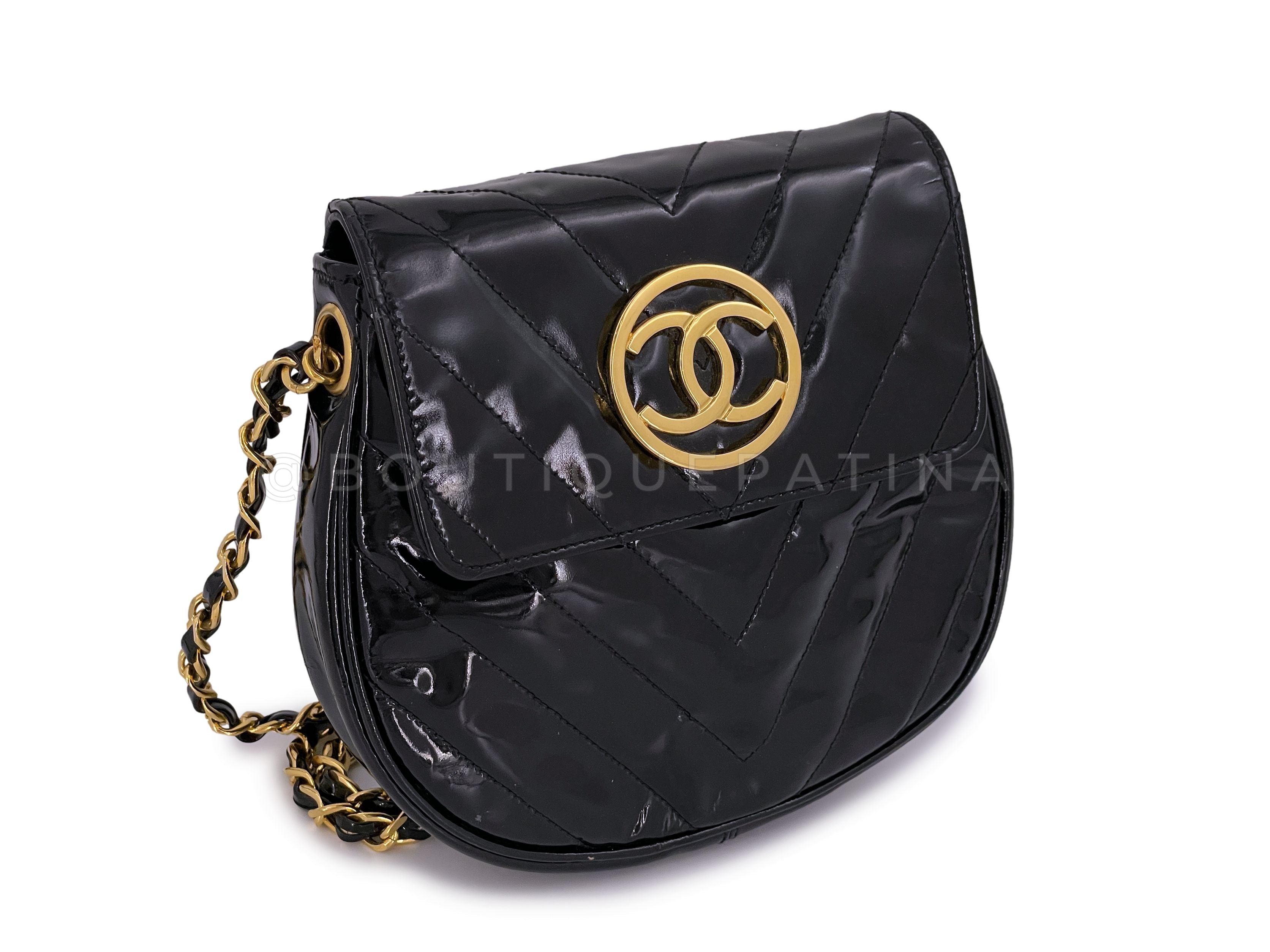 Chanel Vintage Black Chevron Mini Round Flap Pouch Crossbody Patent 24k GHW