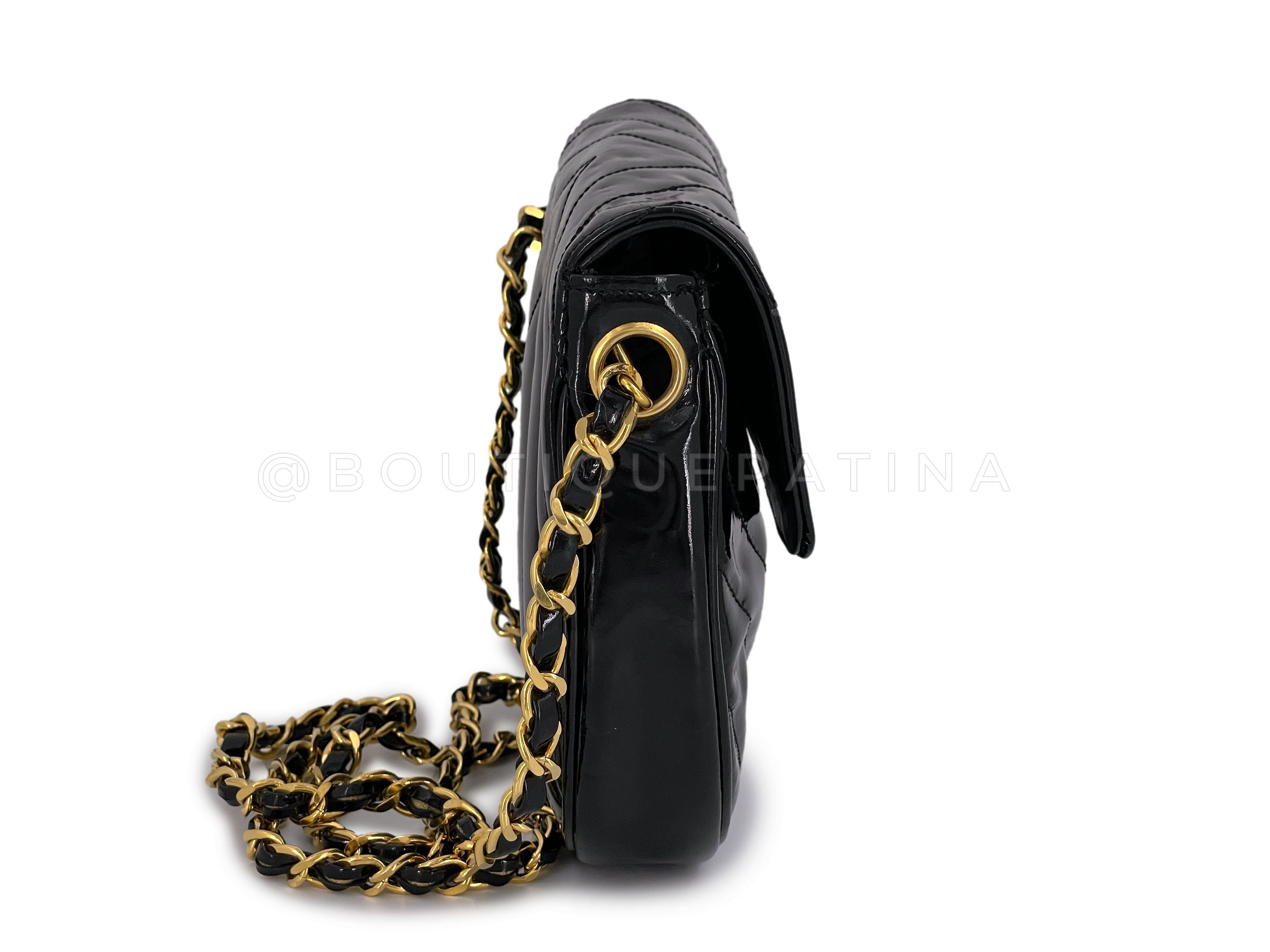 Chanel Vintage Black Chevron Mini Round Flap Pouch Crossbody Patent 24k GHW