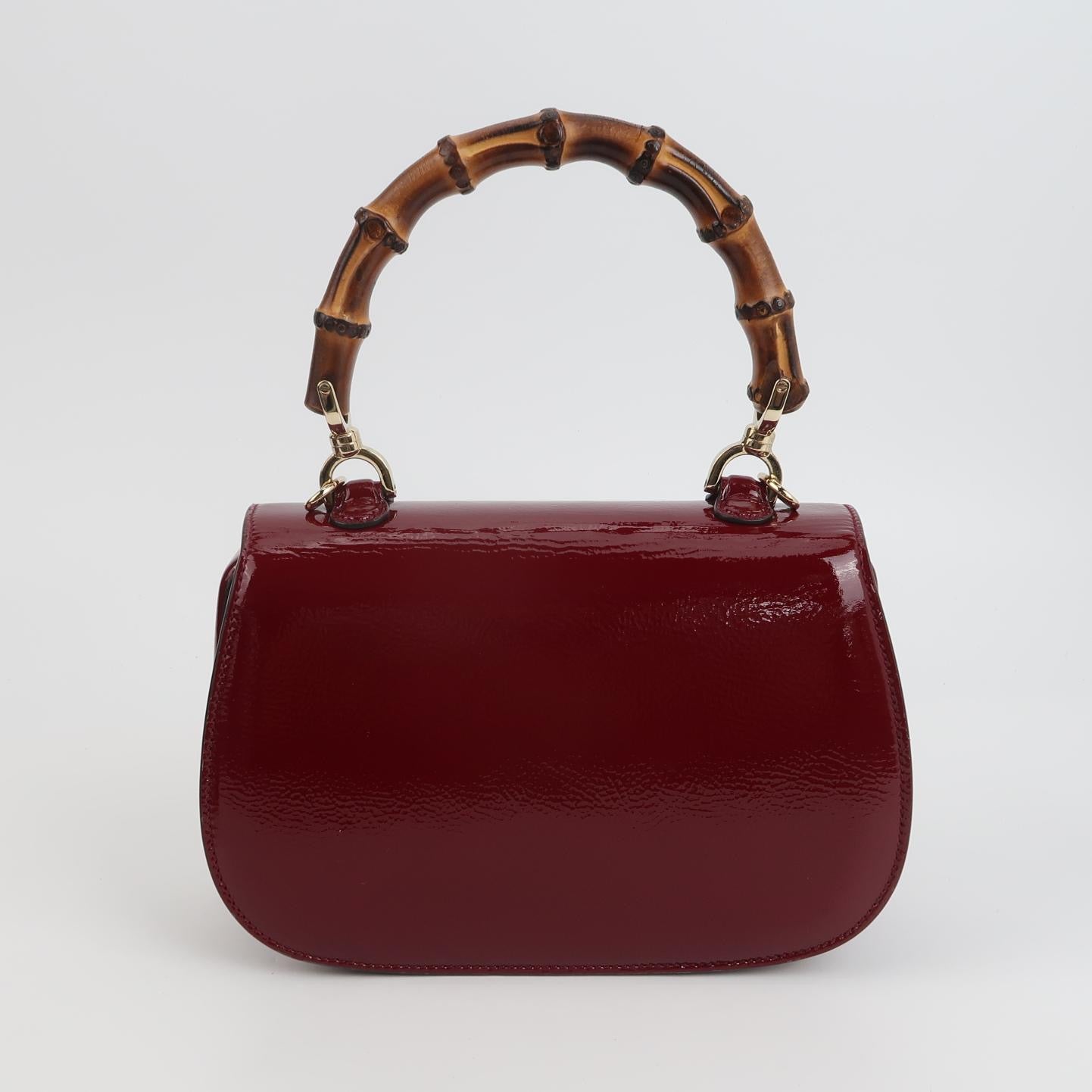 Gucci Bamboo 1947 Small Ancora Red Burgundy Patent Leather Top Handle Bag