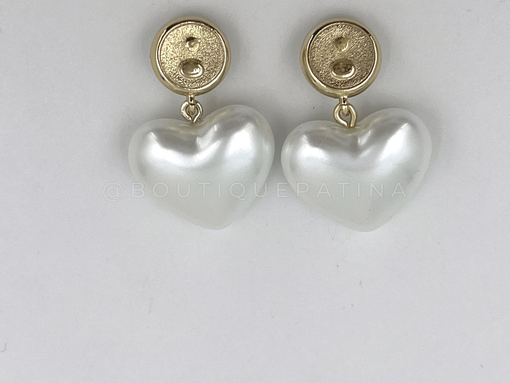 Chanel 21A Coco Neige Pearl Heart Crystal CC Dangle Drop Earrings