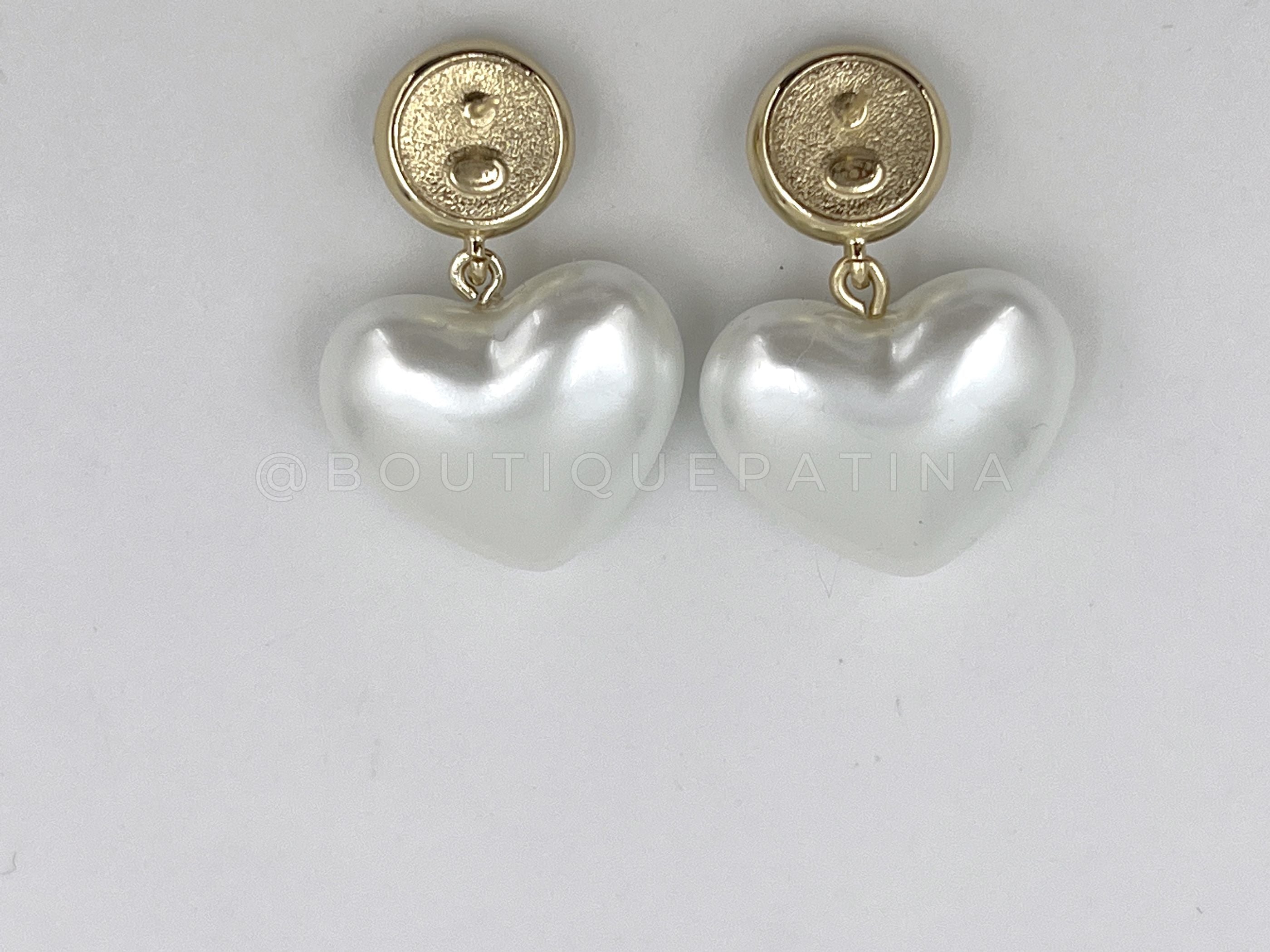 Chanel 21A Coco Neige Pearl Heart Crystal CC Dangle Drop Earrings