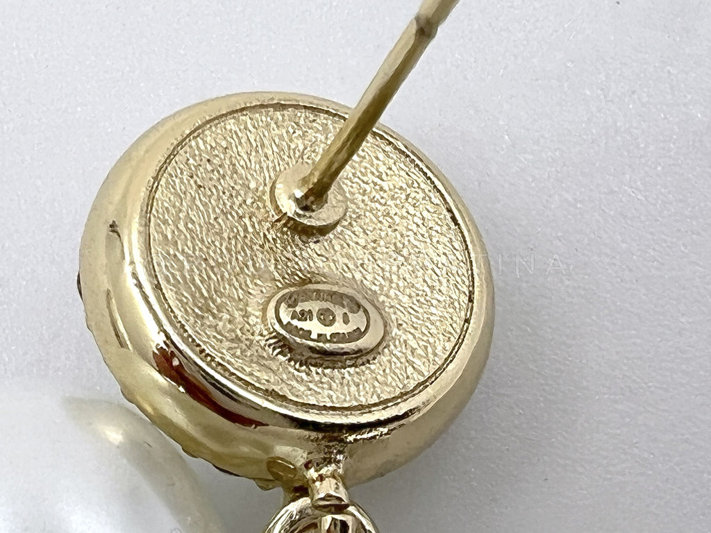 Chanel 21A Coco Neige Pearl Heart Crystal CC Dangle Drop Earrings