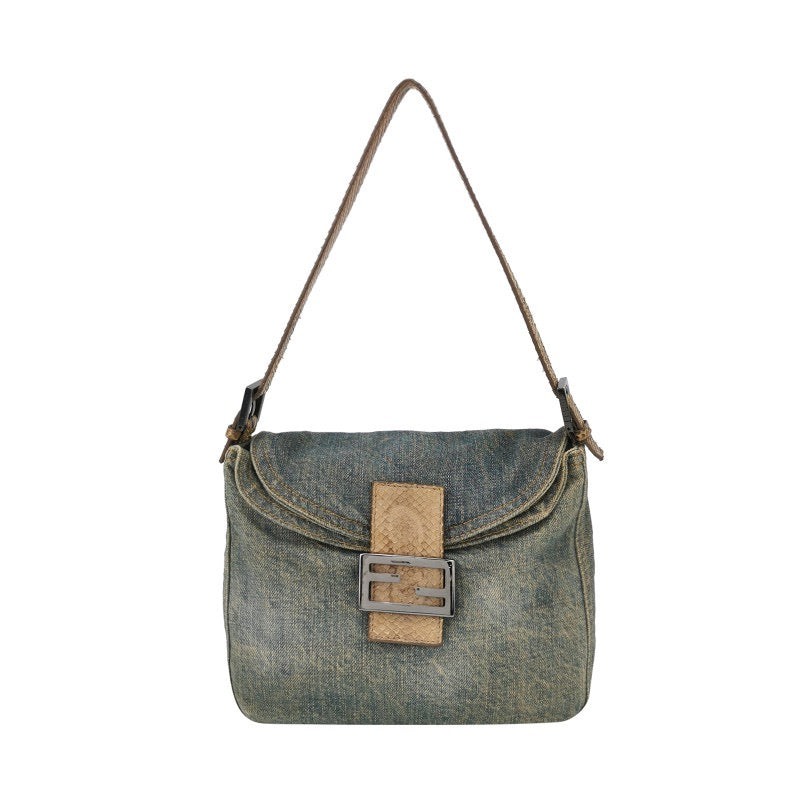 Fendi Baguette Denim Shoulder Bag Snake-skin Strap