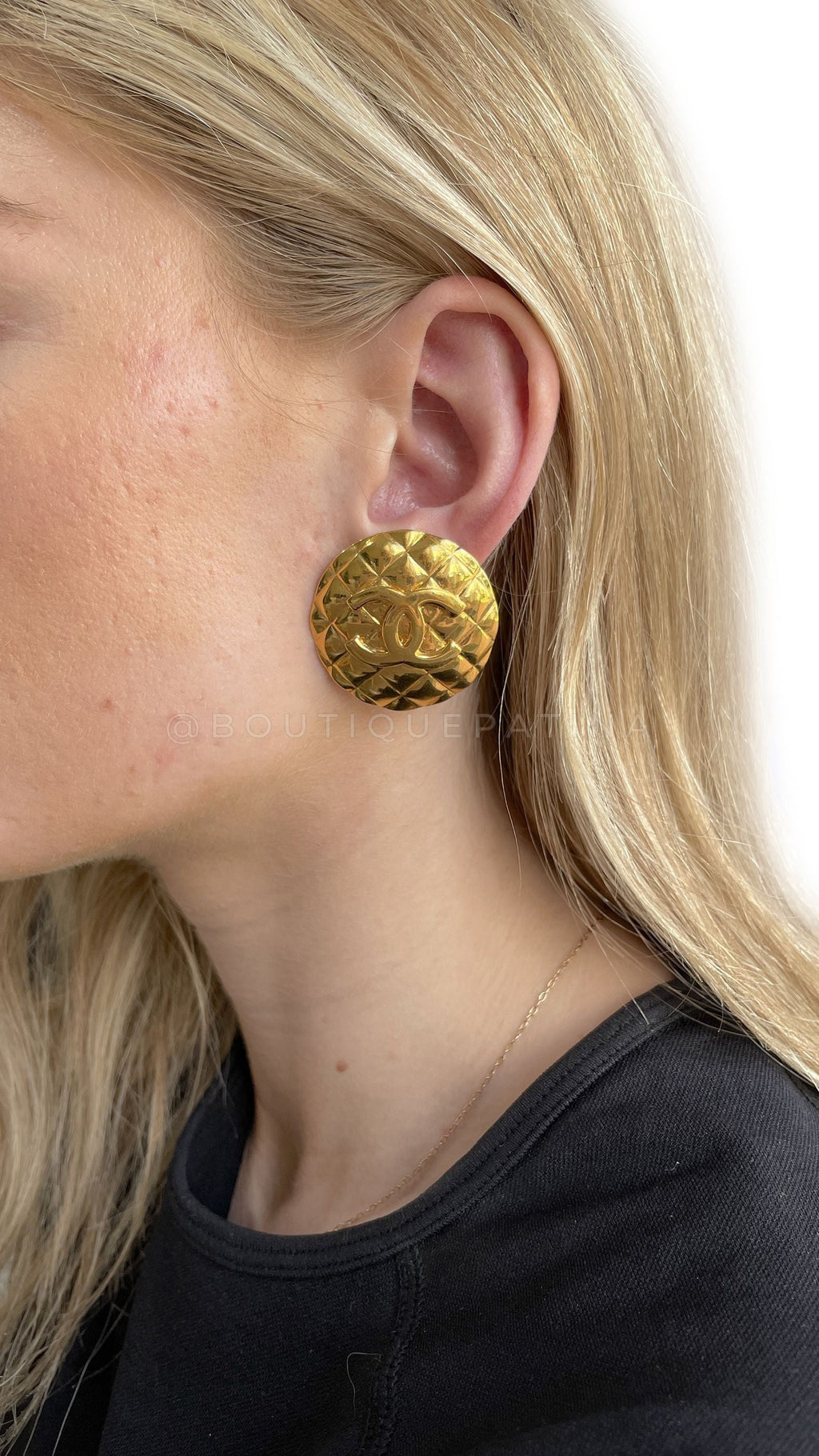 Chanel Vintage 93P Giant Button Logo Quilted Stud Earrings