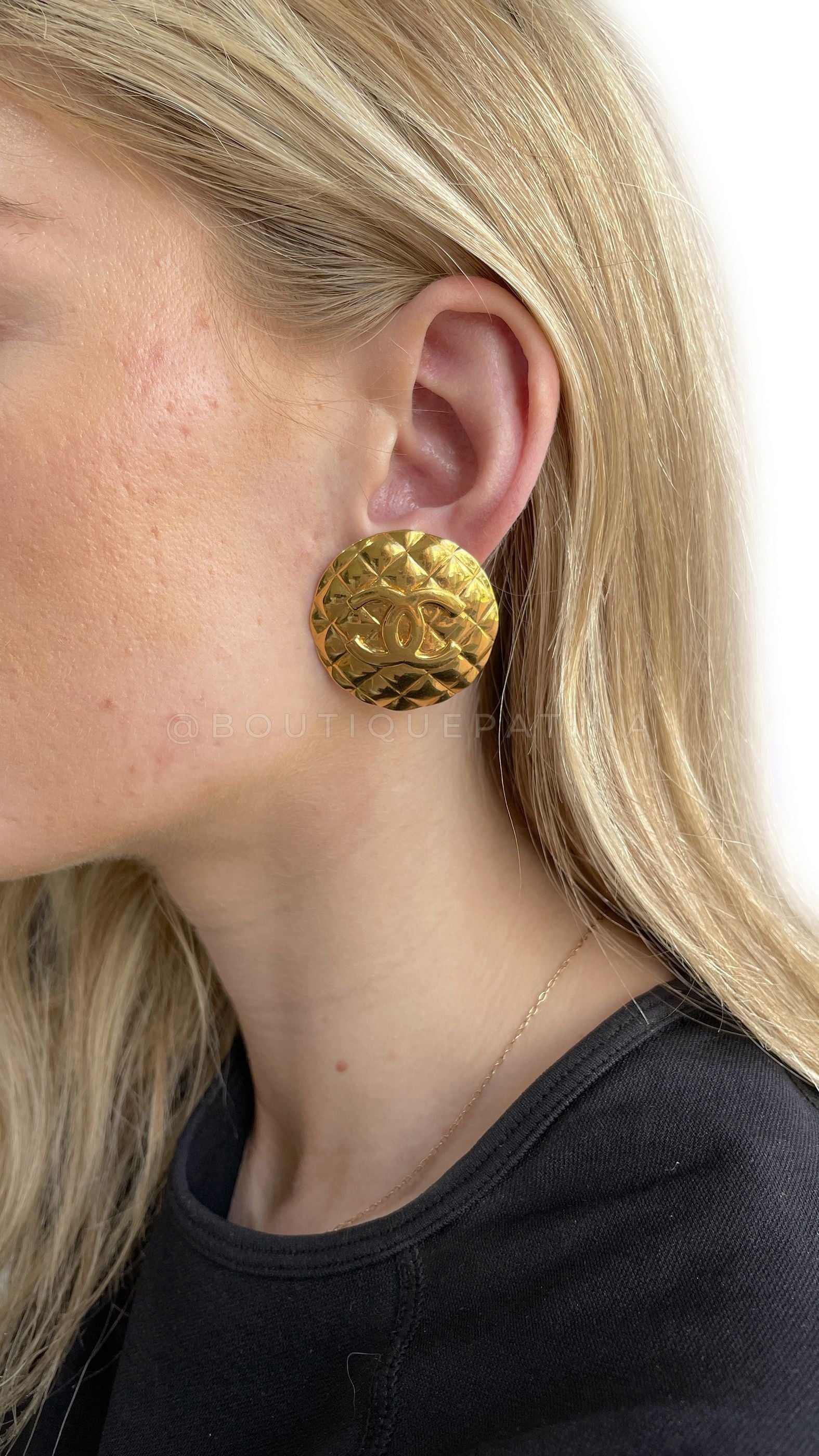 Chanel Vintage 93P Giant Button Logo Quilted Stud Earrings