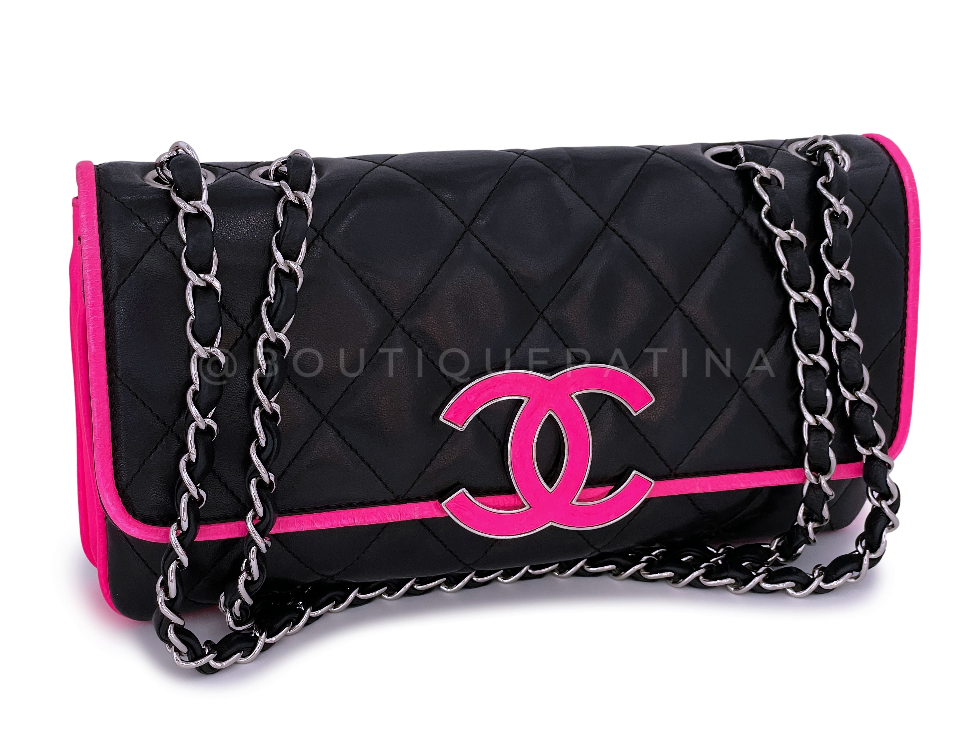 Chanel Electric Neon Pink & Black Large CC Logo Quilted Flap Bag