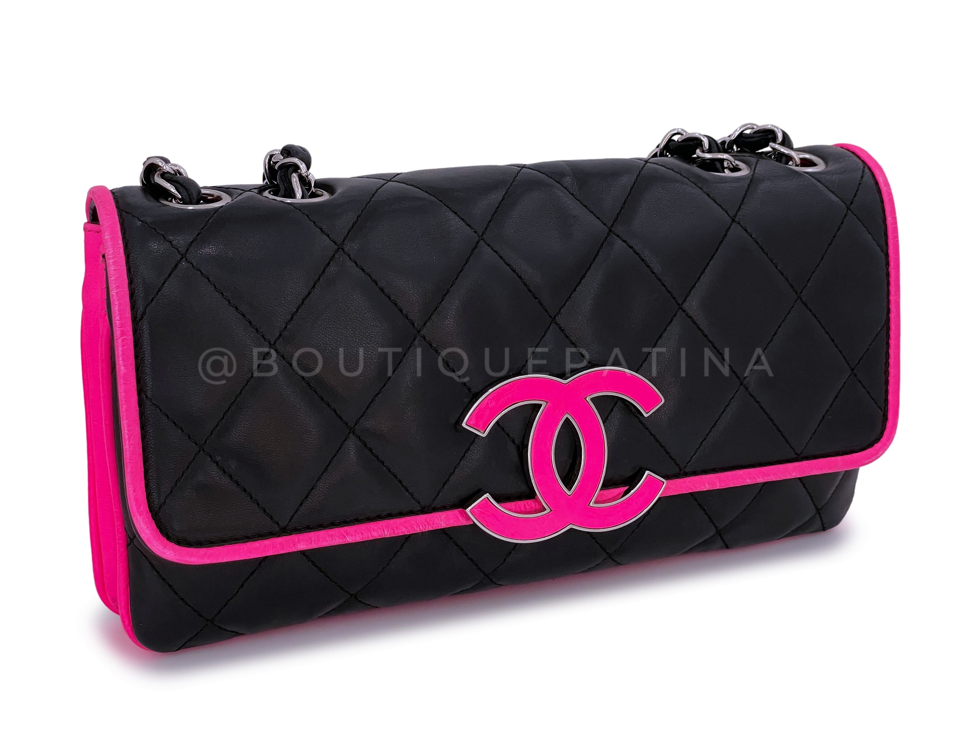Chanel Electric Neon Pink & Black Large CC Logo Quilted Flap Bag