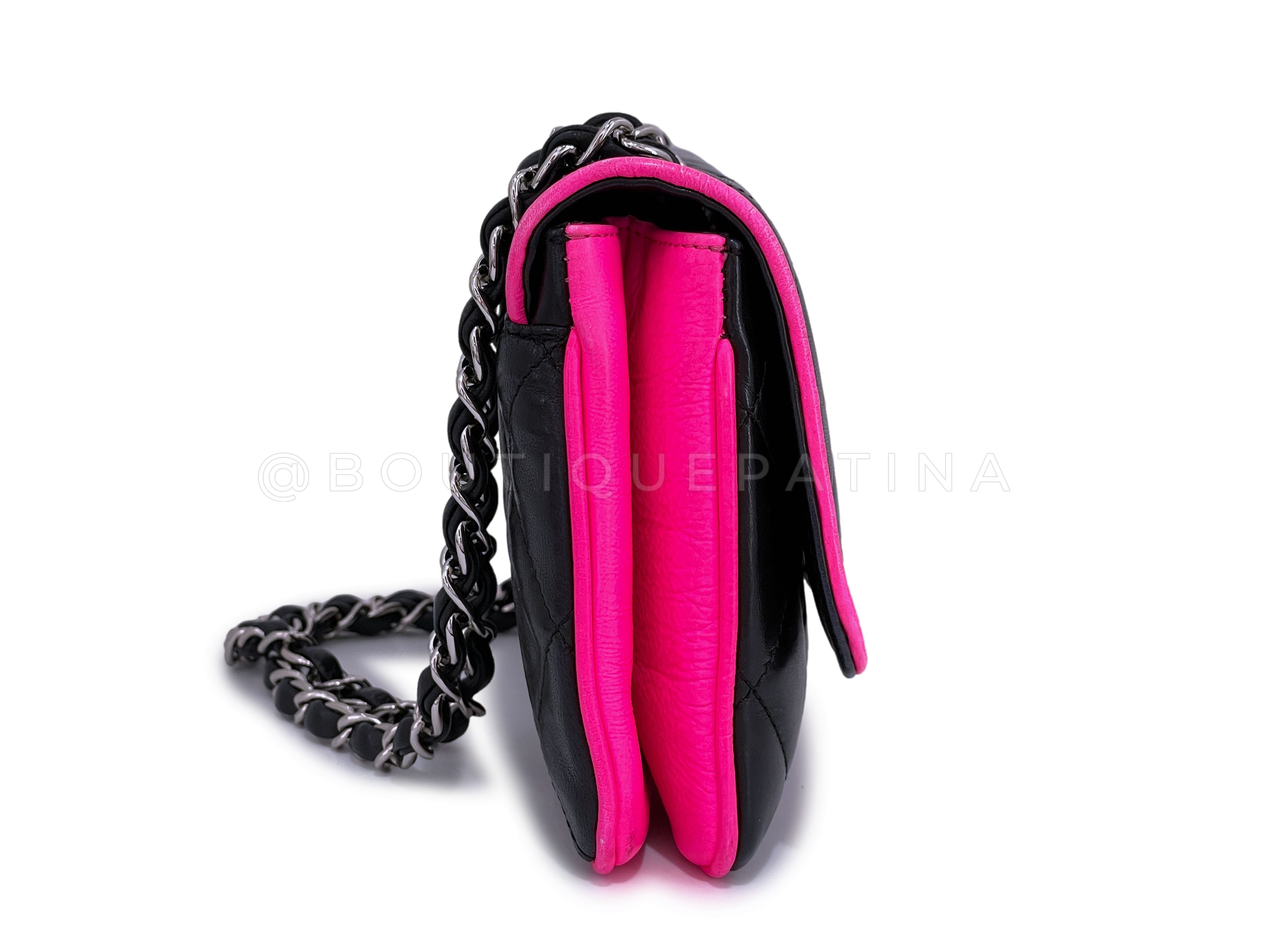 Chanel Electric Neon Pink & Black Large CC Logo Quilted Flap Bag