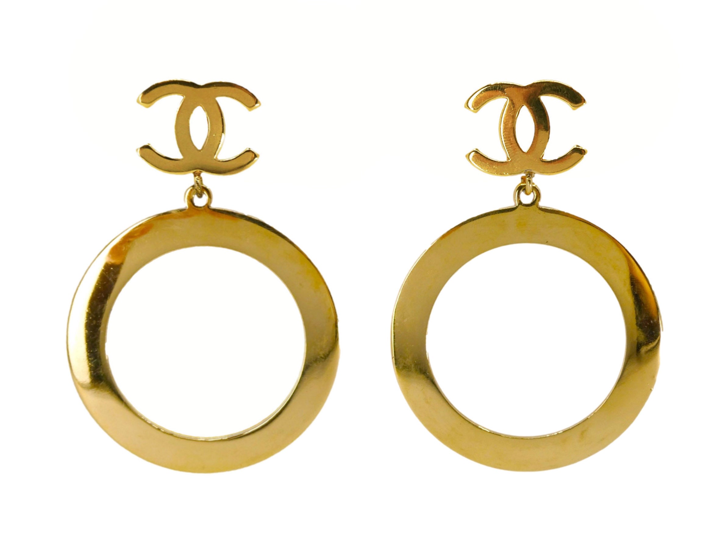 Chanel 1980s Vintage CC Hoop Drop Earrings Gold Plated
