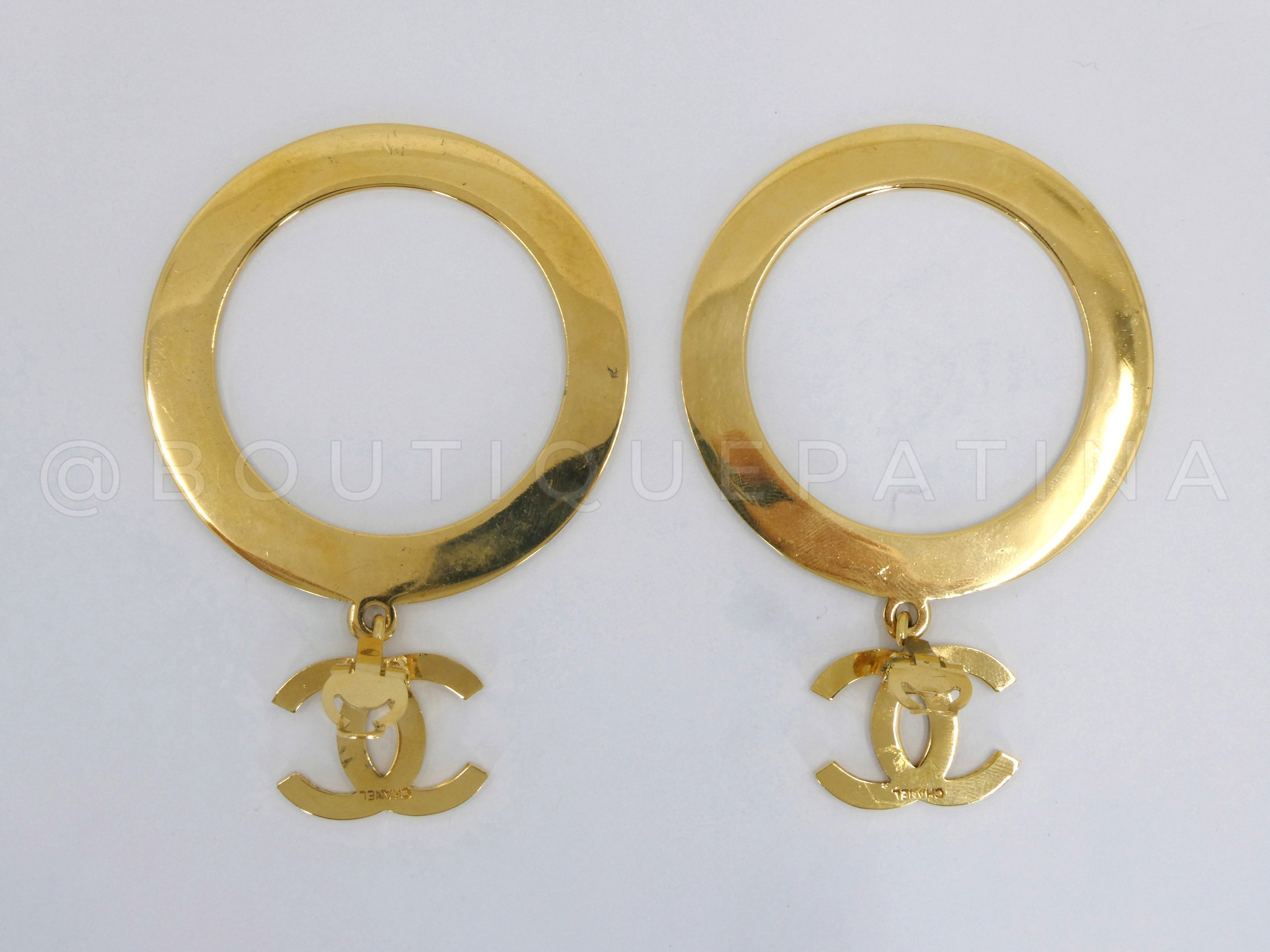 Chanel 1980s Vintage CC Hoop Drop Earrings Gold Plated
