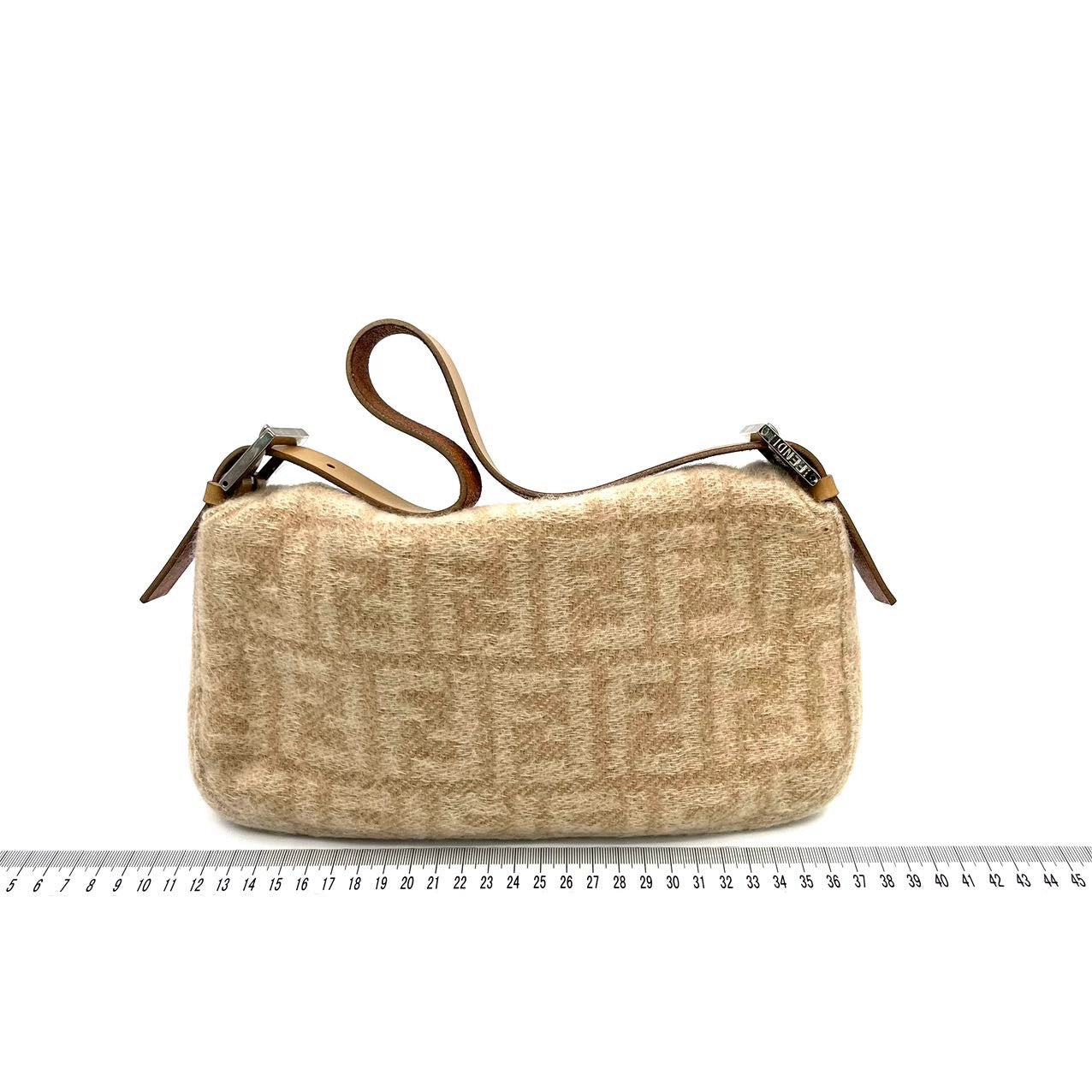 Fendi Baguette Beige Zucca Print Wool Leather Shoulder Bag