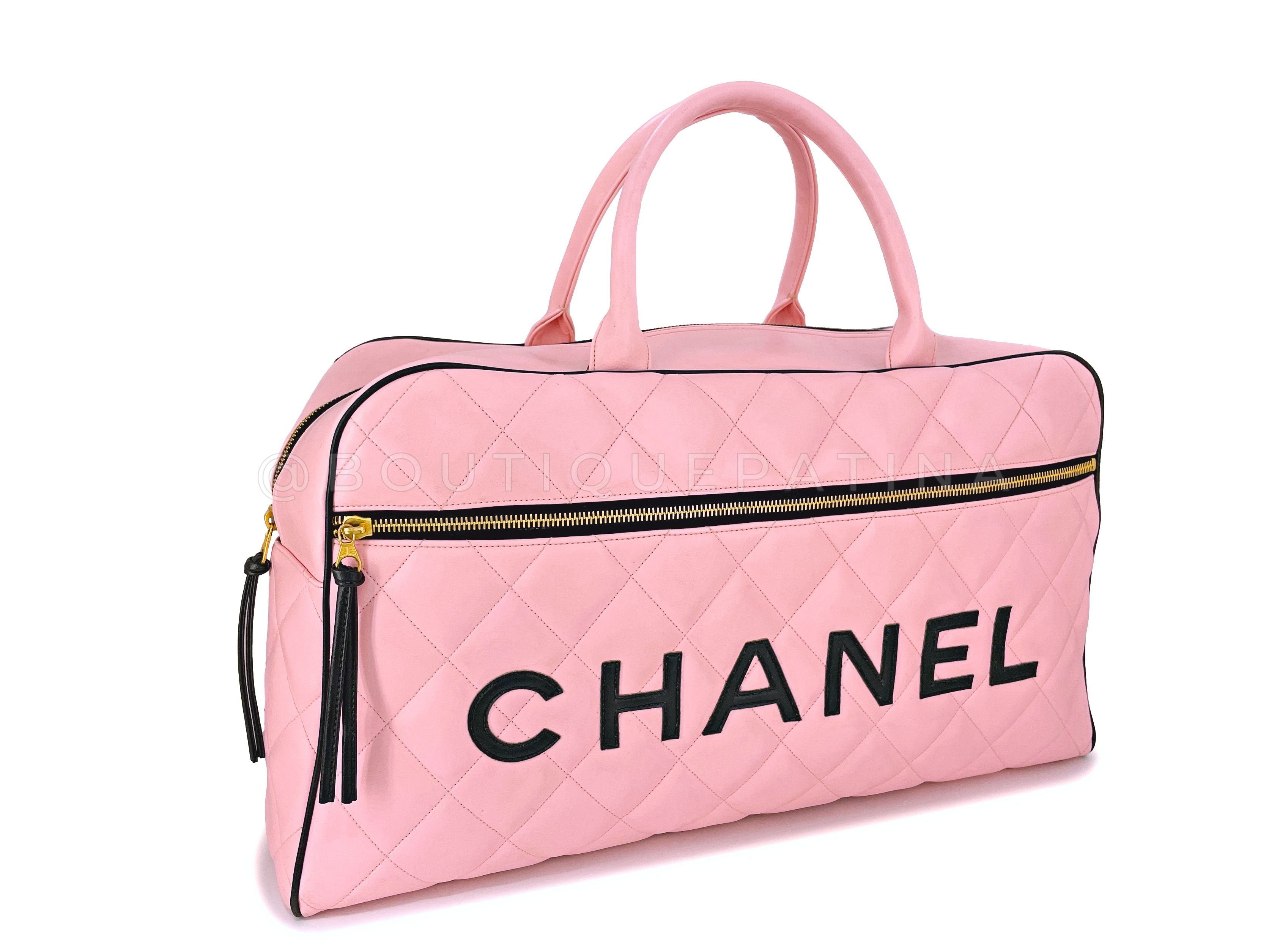 Chanel 1995 Vintage Pink XL Large Duffle Bowler Lettered Logo Bag 2B6