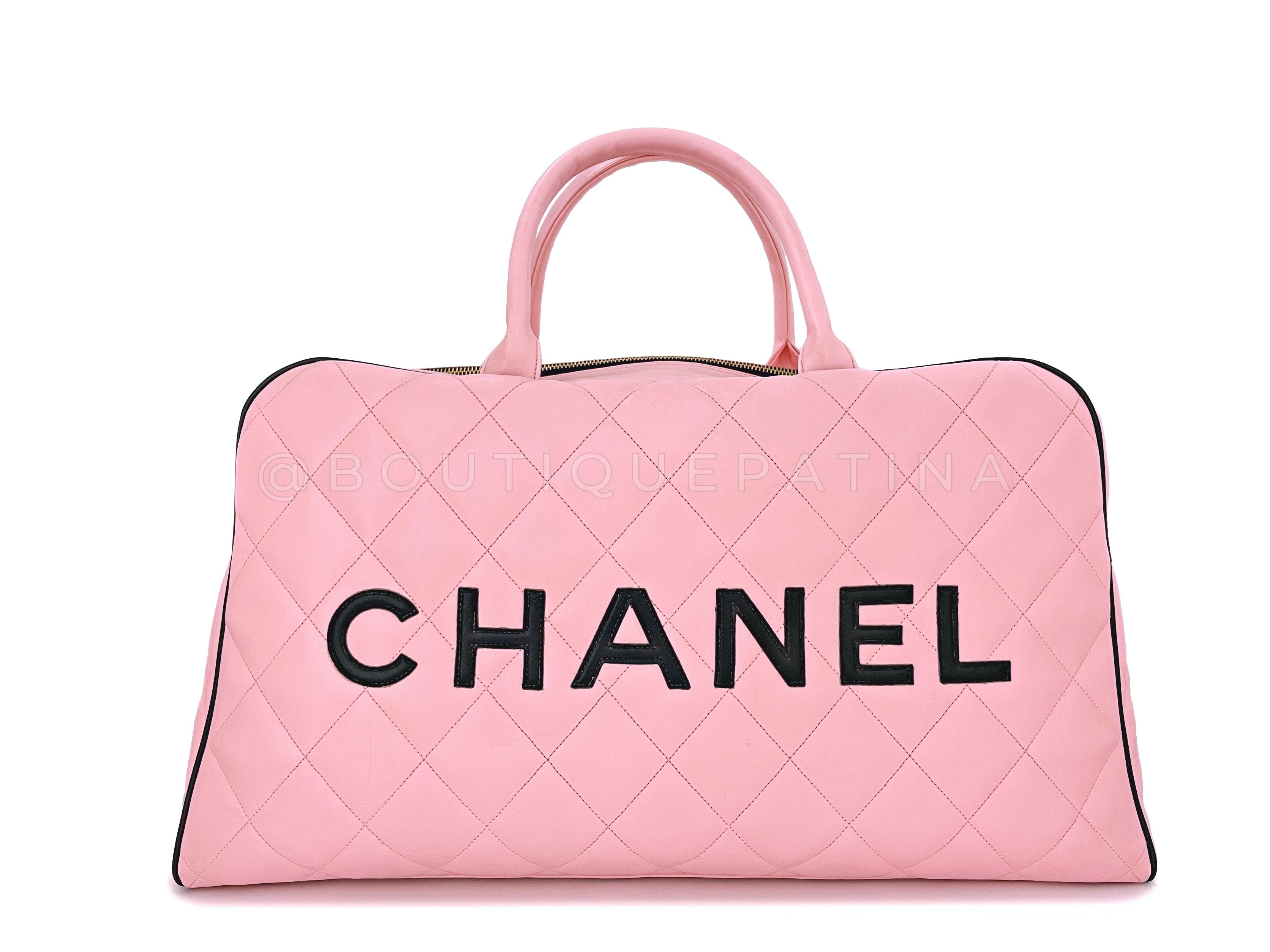 Chanel 1995 Vintage Pink XL Large Duffle Bowler Lettered Logo Bag 2B6
