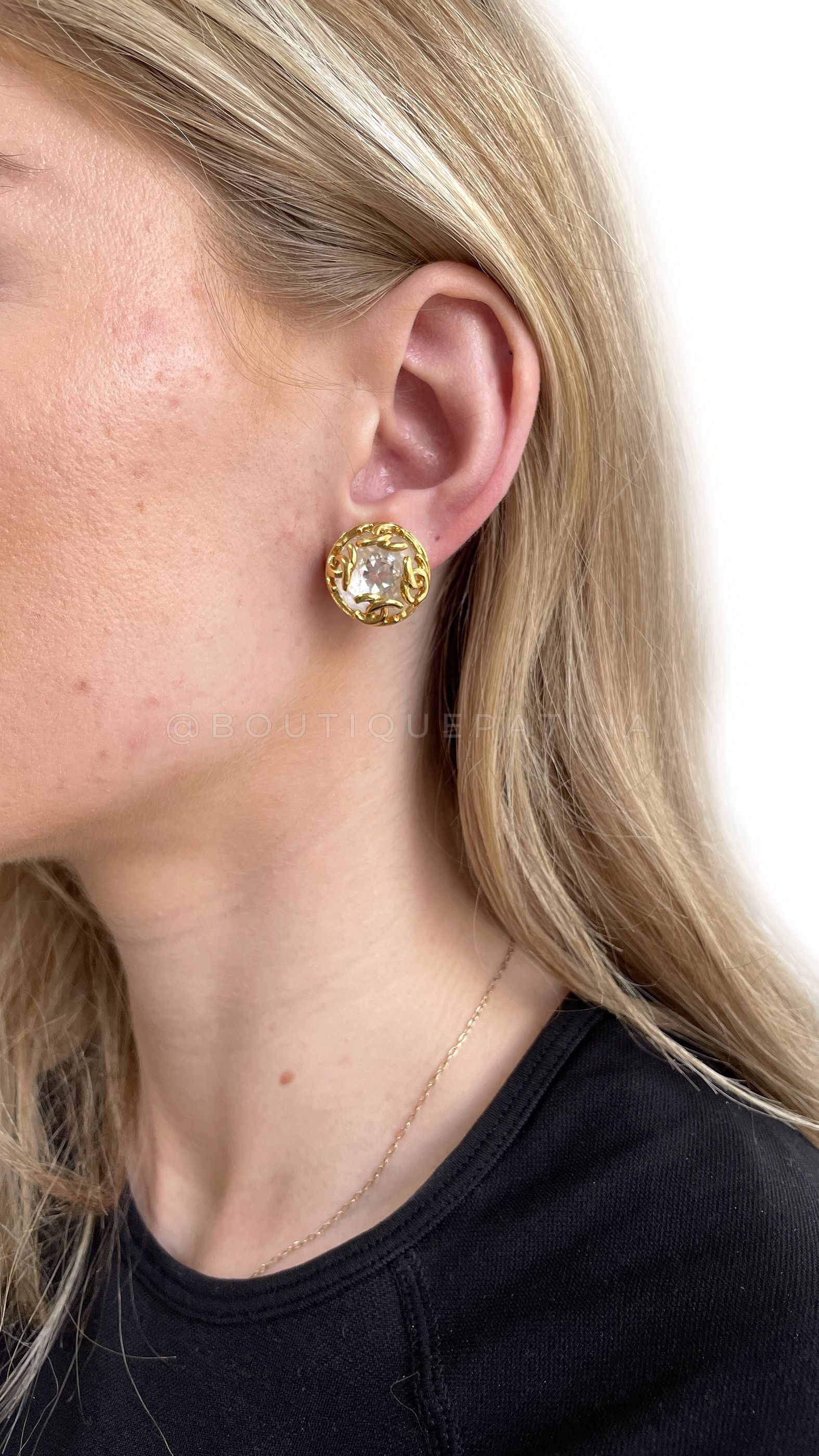 Chanel Vintage 95A Crystal Large Stud Logo Earrings