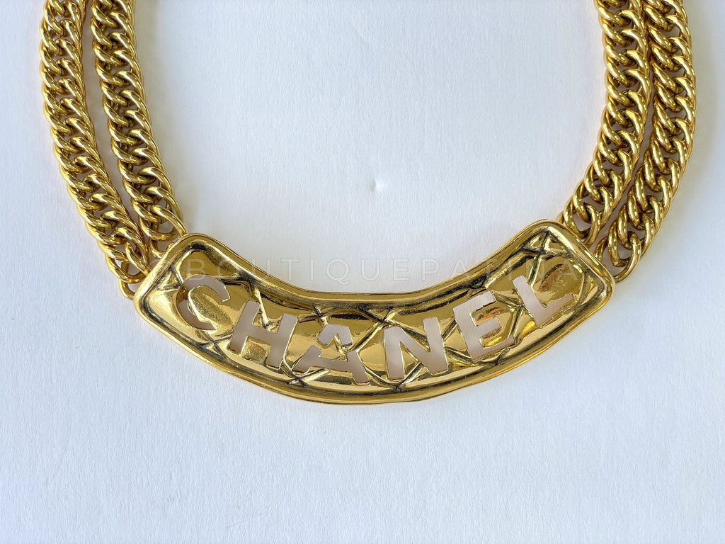 Chanel Vintage Cutout Choker Double Chain Letter Necklace