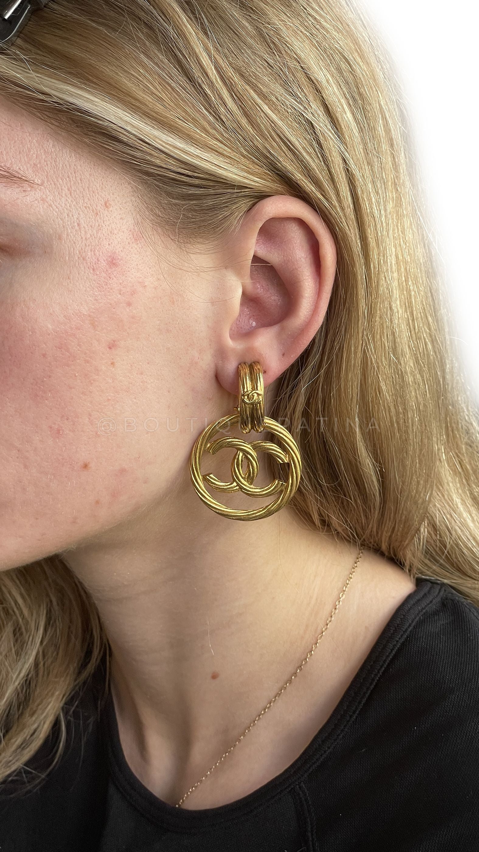 Chanel Vintage 93P Encircled Door Knocker Hoop Dangle Earrings