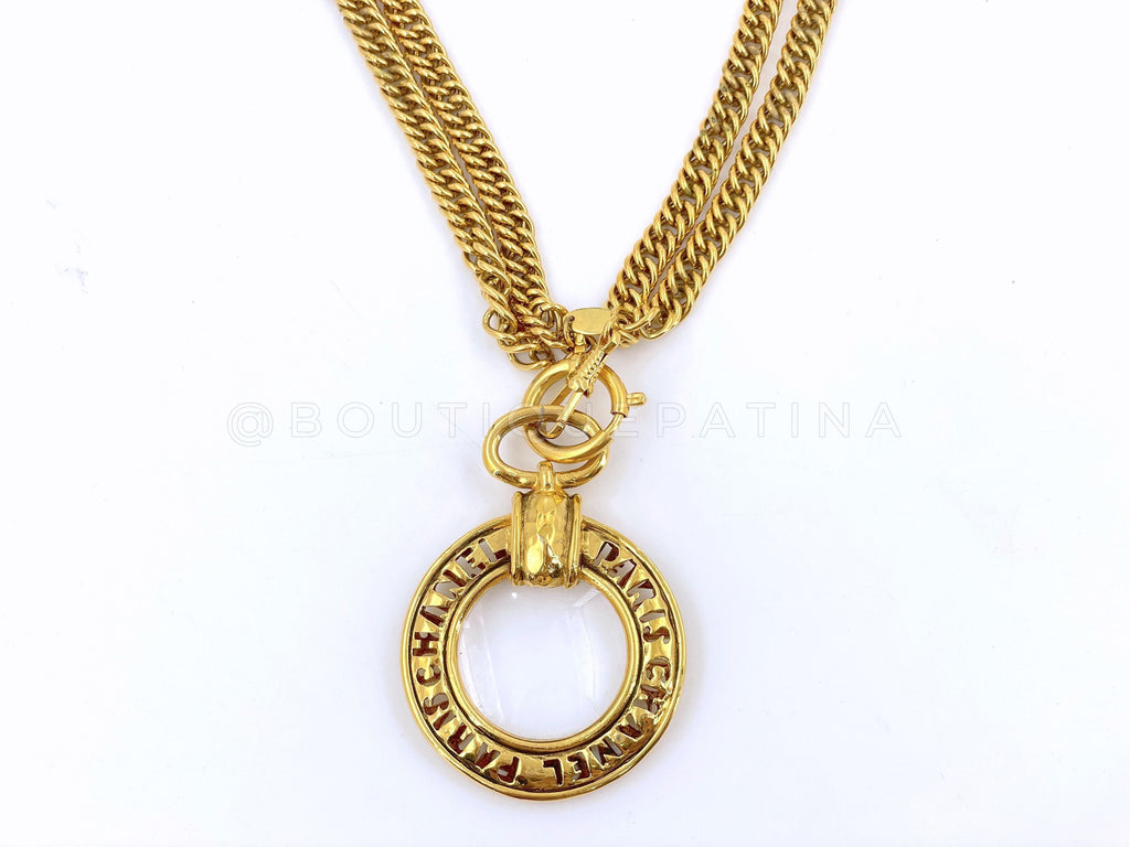 Chanel Vintage Cutout Letter Framed Magnifying Glass Pendant Long Chain Necklace 65423