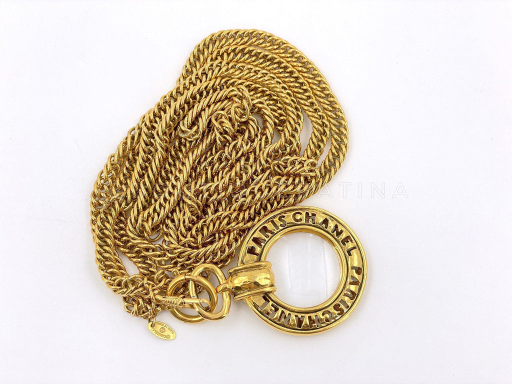 Chanel Vintage Cutout Letter Framed Magnifying Glass Pendant Long Chain Necklace 65423