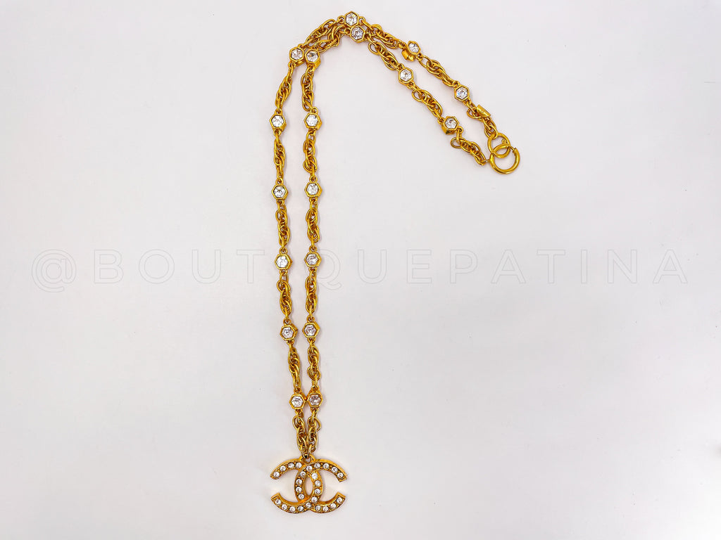 Chanel Vintage 1980s Large Crystal CC Logo Pendant Long Studded Necklace