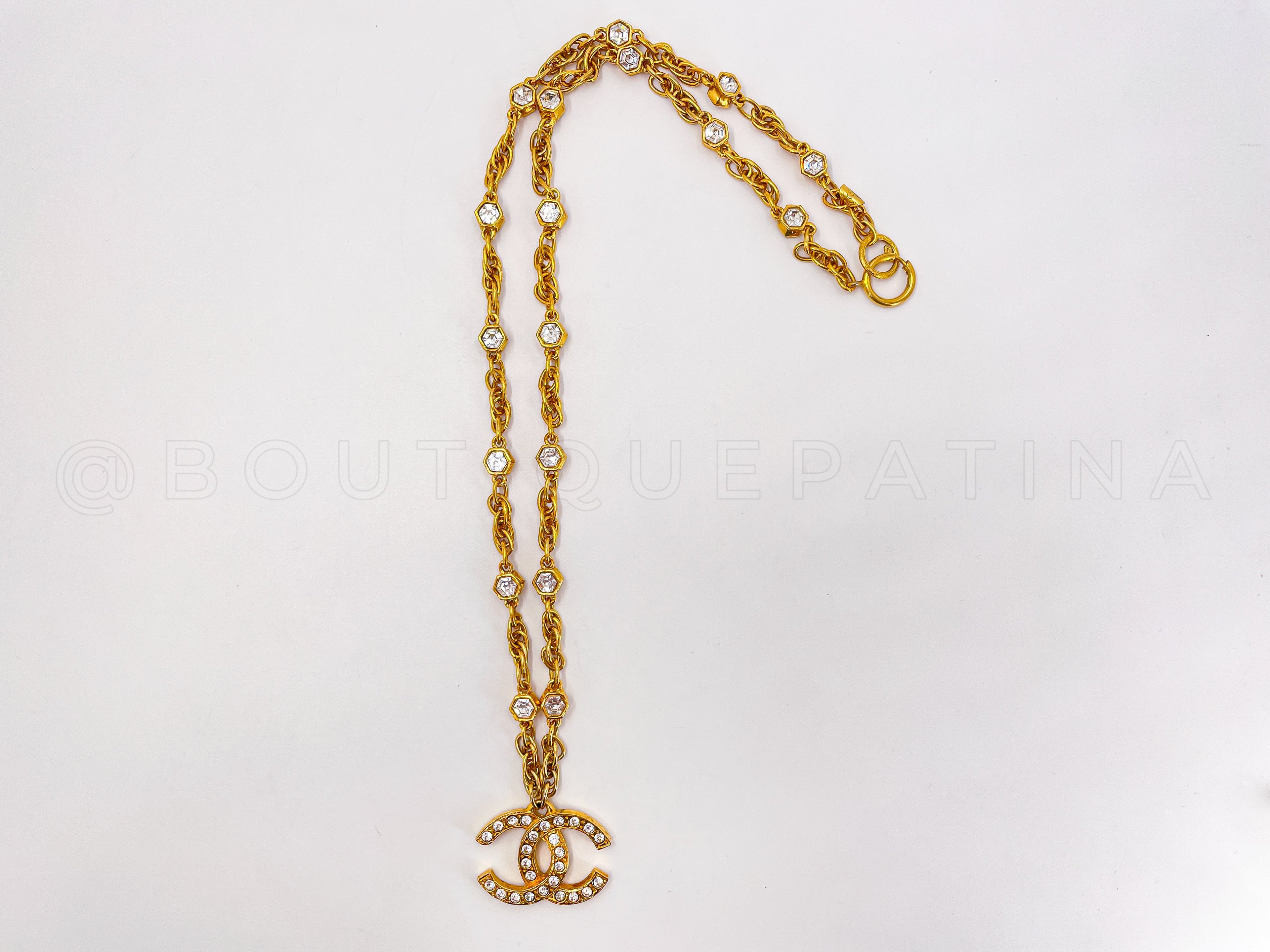 Chanel Vintage 1980s Large Crystal CC Logo Pendant Long Studded Necklace