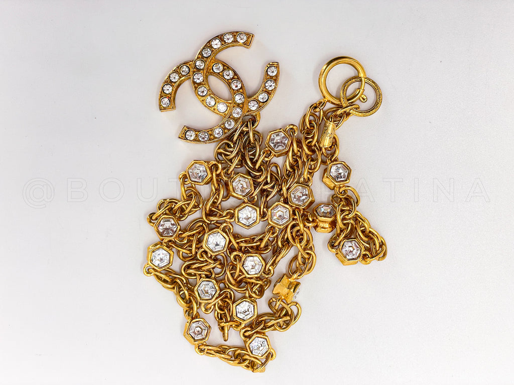 Chanel Vintage 1980s Large Crystal CC Logo Pendant Long Studded Necklace