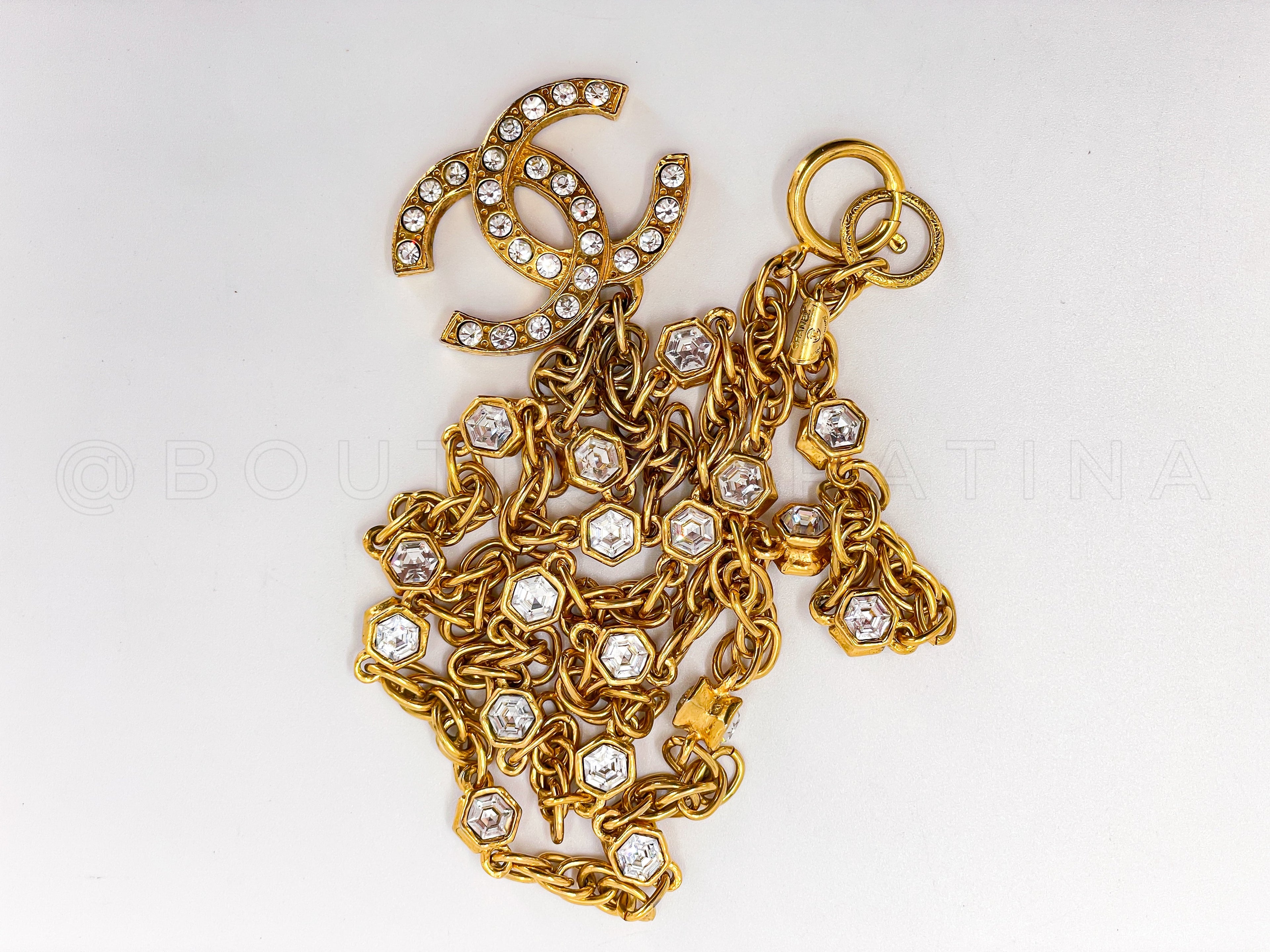 Chanel Vintage 1980s Large Crystal CC Logo Pendant Long Studded Necklace