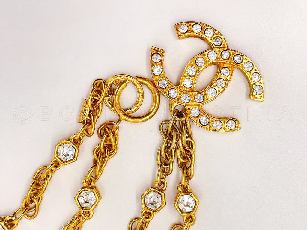 Chanel Vintage 1980s Large Crystal CC Logo Pendant Long Studded Necklace