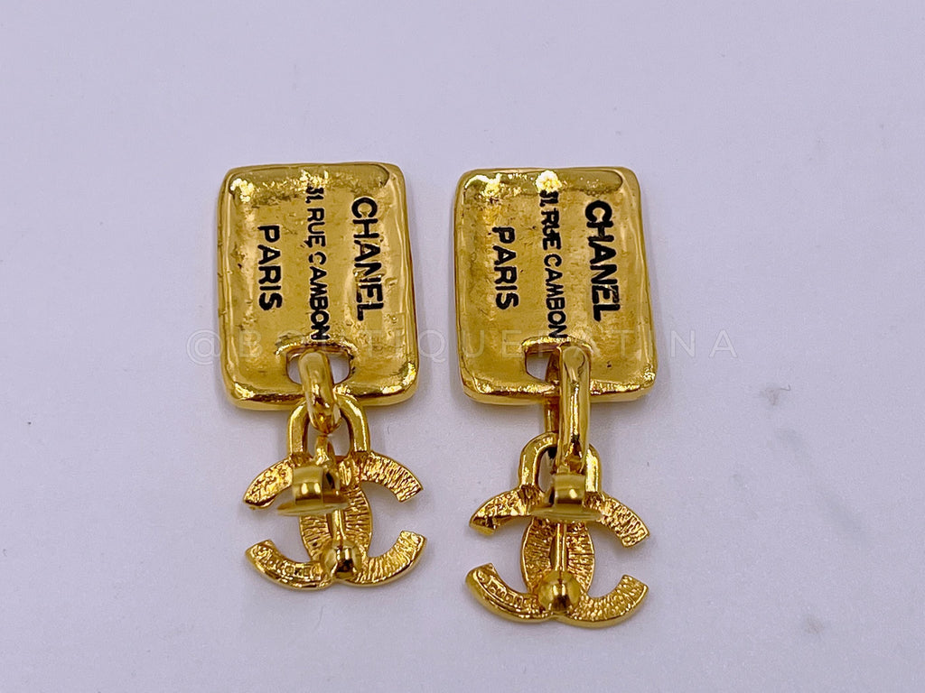 Chanel Vintage 1980s Dog Tag  Letter Plate CC Logo Dangle Earrings