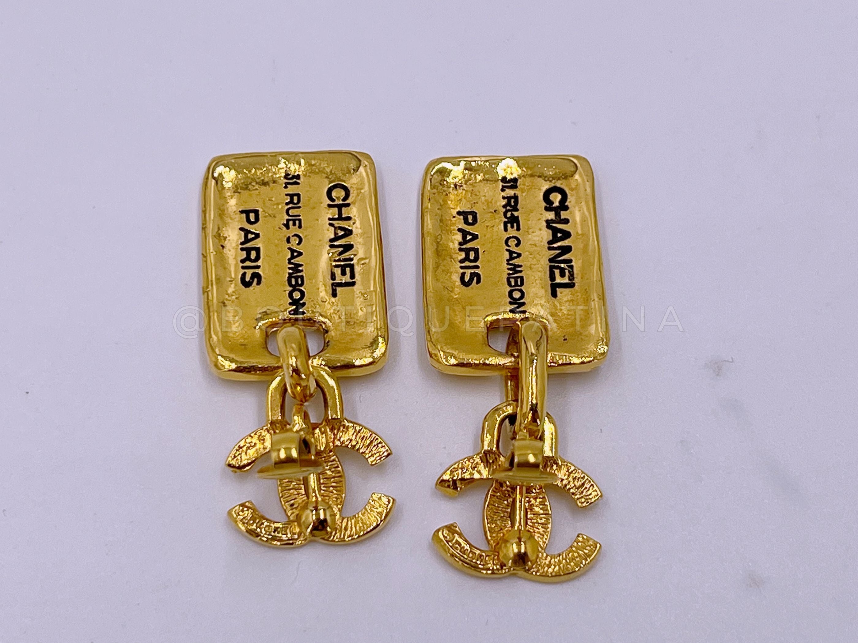 Chanel Vintage 1980s Dog Tag  Letter Plate CC Logo Dangle Earrings