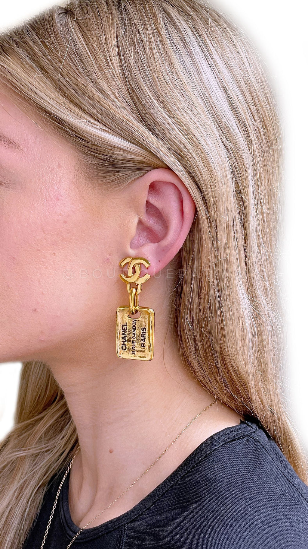 Chanel Vintage 1980s Dog Tag  Letter Plate CC Logo Dangle Earrings