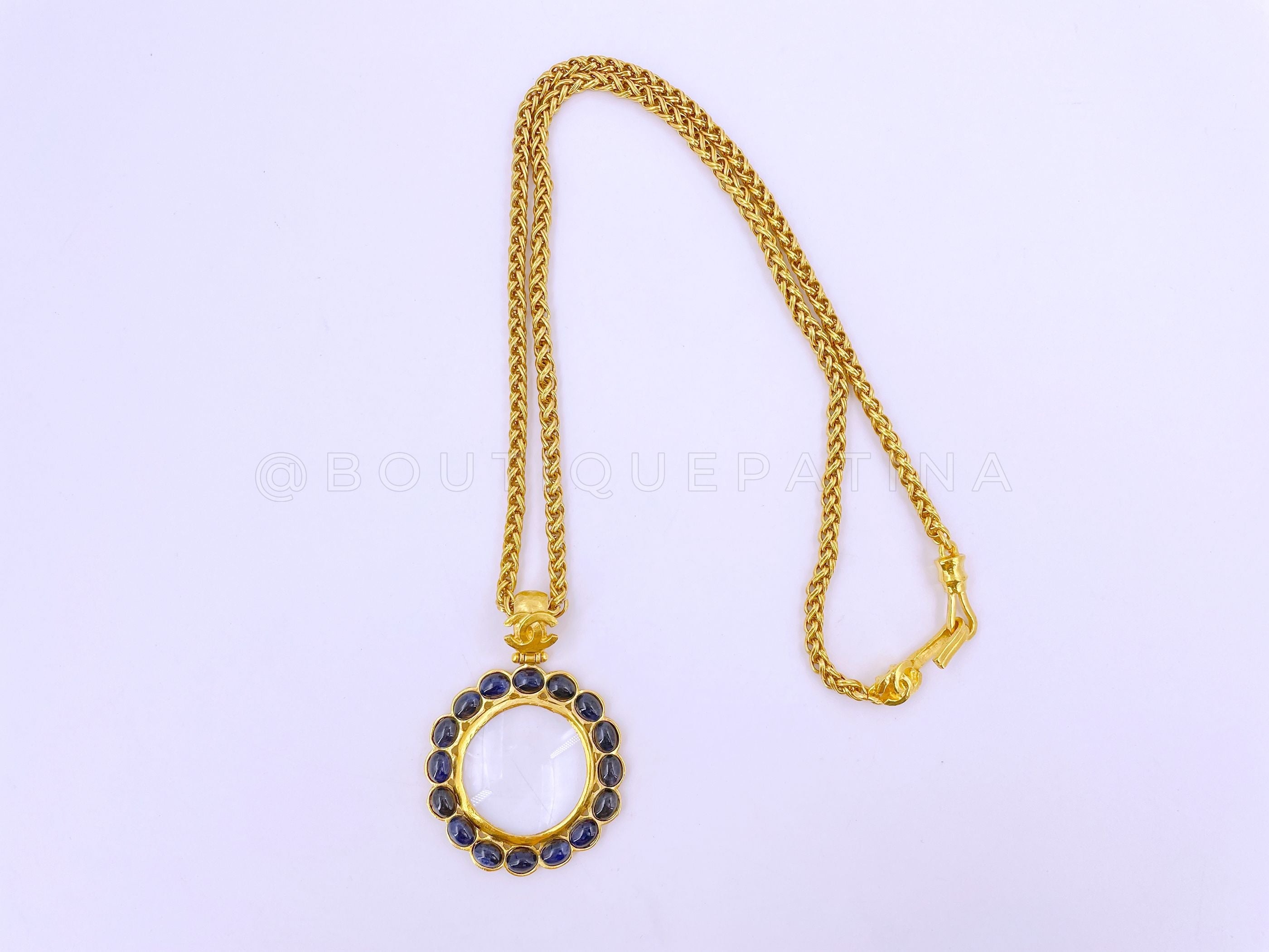 Chanel Vintage 95A Blue Stone Magnifying Glass Pendant Long Chain Necklace