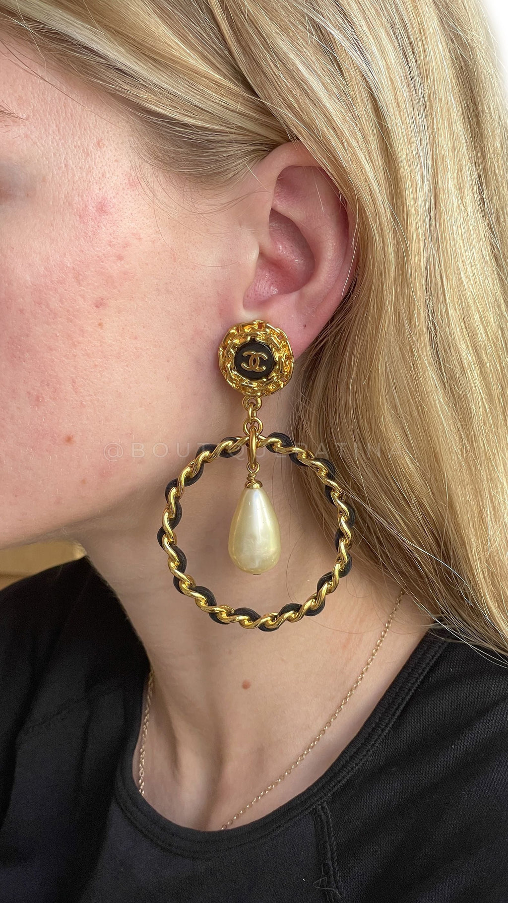 Chanel Vintage 95A Pearl Drop Woven Hoop Earrings