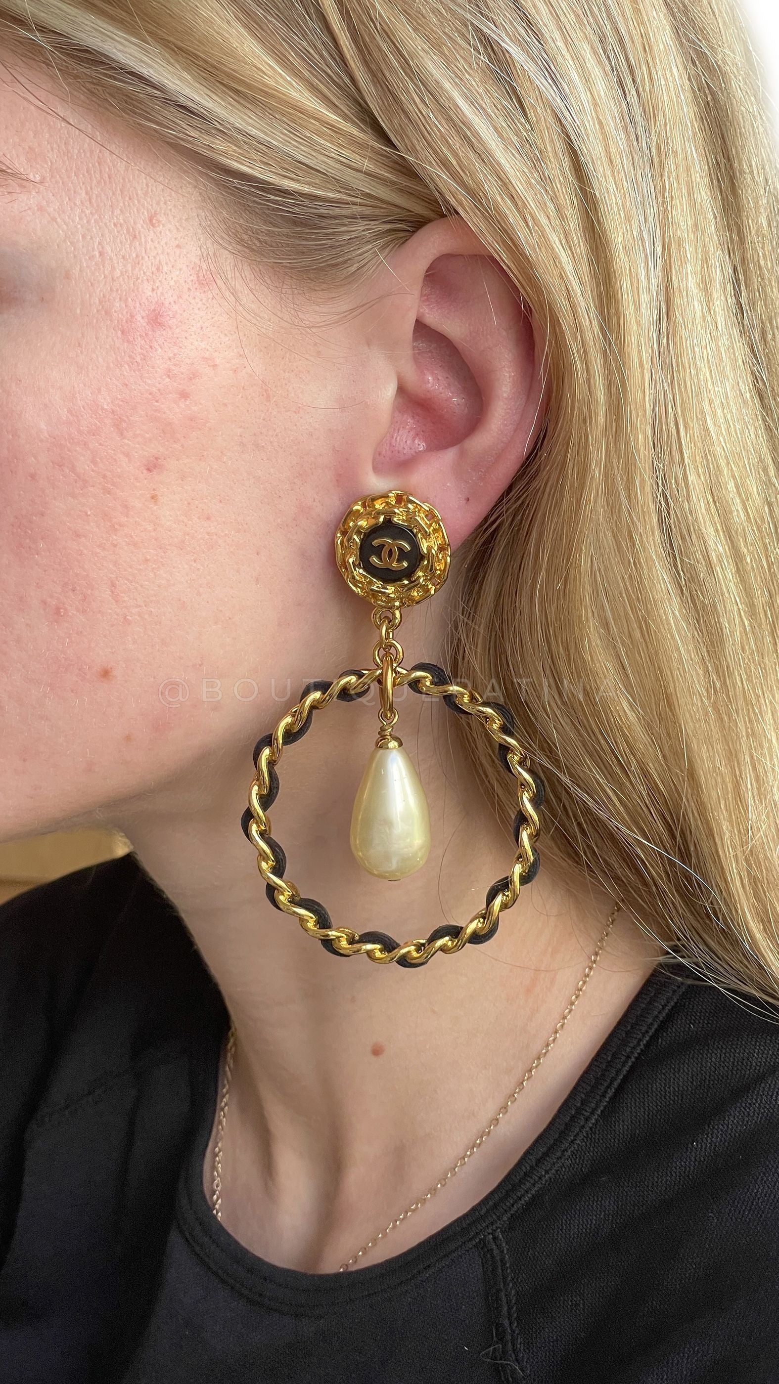 Chanel Vintage 95A Pearl Drop Woven Hoop Earrings