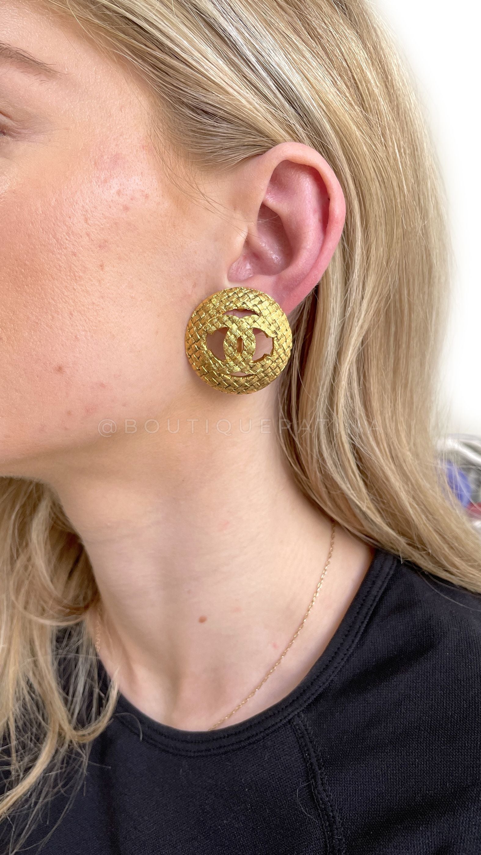 Chanel Vintage Collection 29 "Woven" Gold Logo Stud Earrings