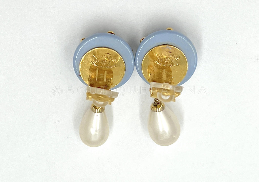 Chanel Vintage 96C Rare Pale Blue Gold Studded Pearl Drop Earrings