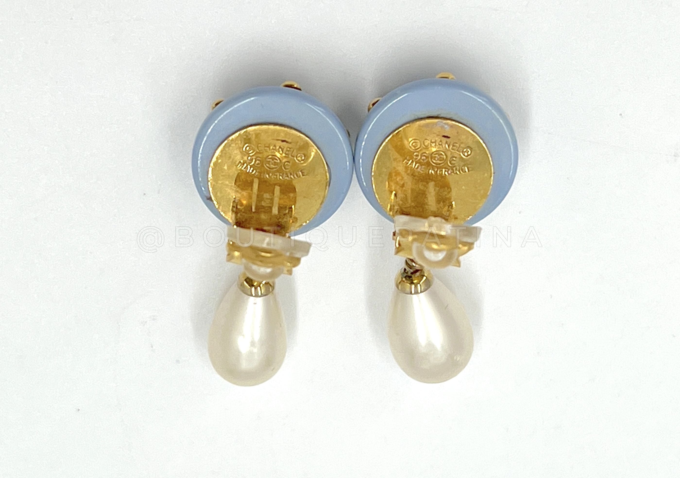 Chanel Vintage 96C Rare Pale Blue Gold Studded Pearl Drop Earrings